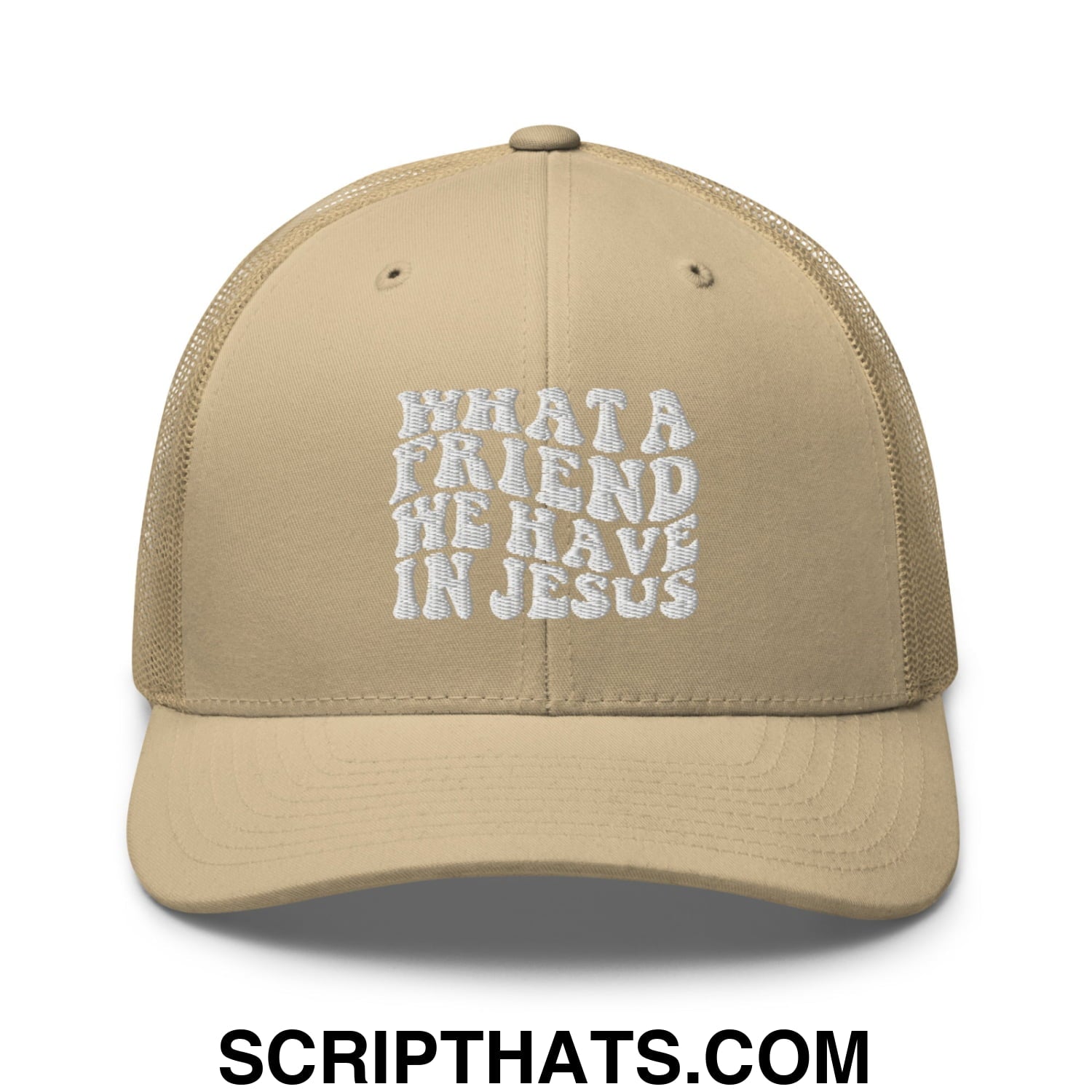 What a Friend We Have in Jesus Embroidered Mesh Trucker Hat Khaki