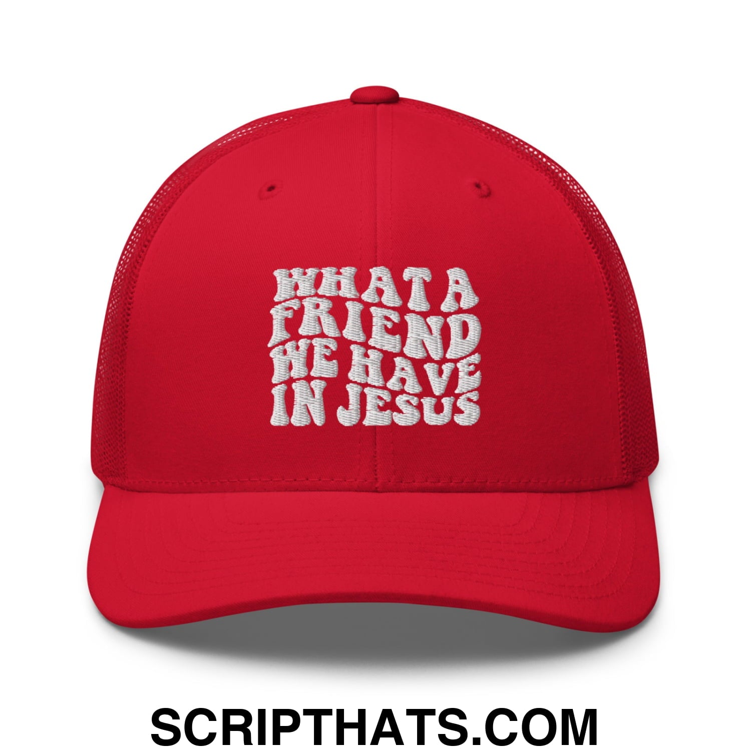 What a Friend We Have in Jesus Embroidered Mesh Trucker Hat Red