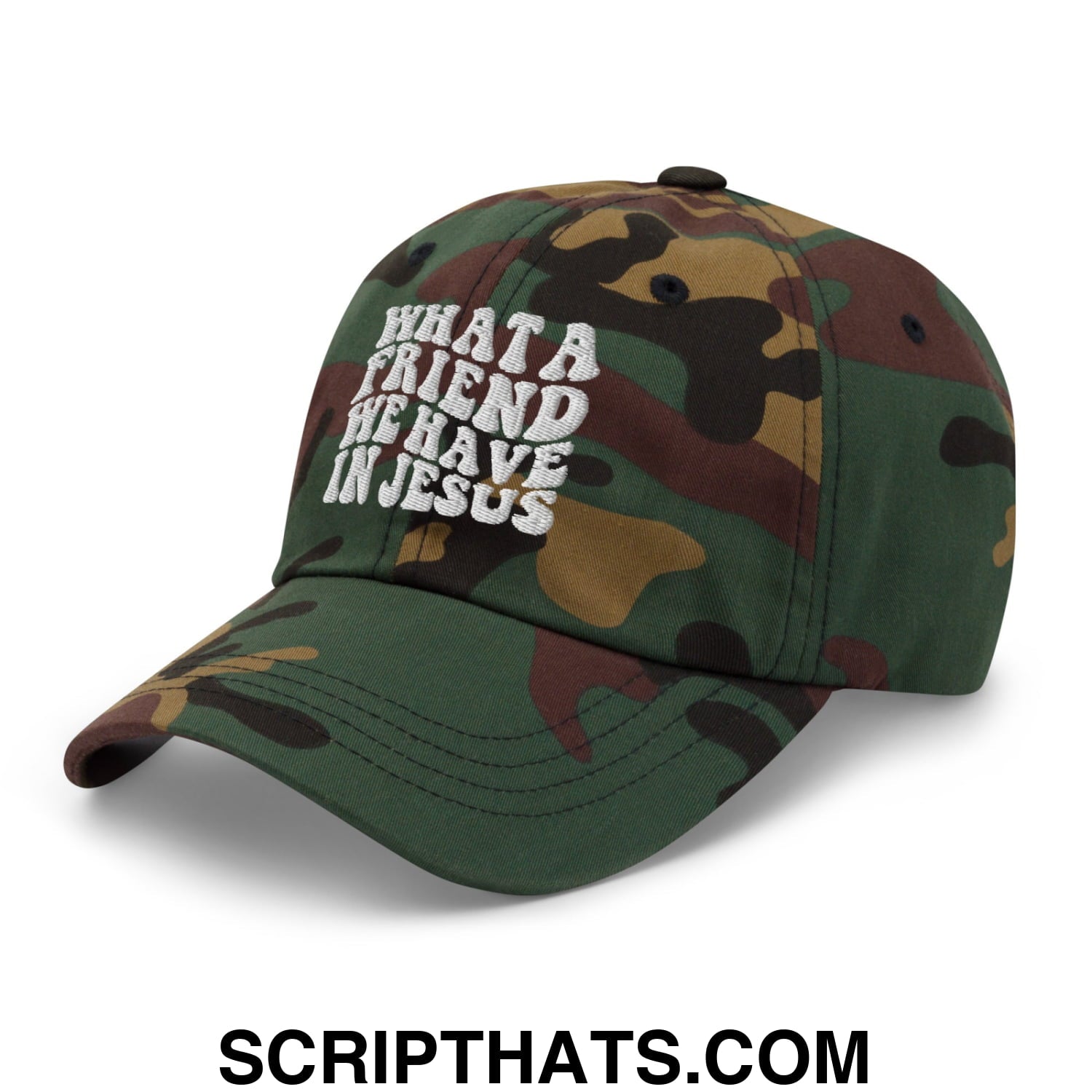 What a Friend We Have in Jesus Embroidered Unstructured Dad Hat Green Camo
