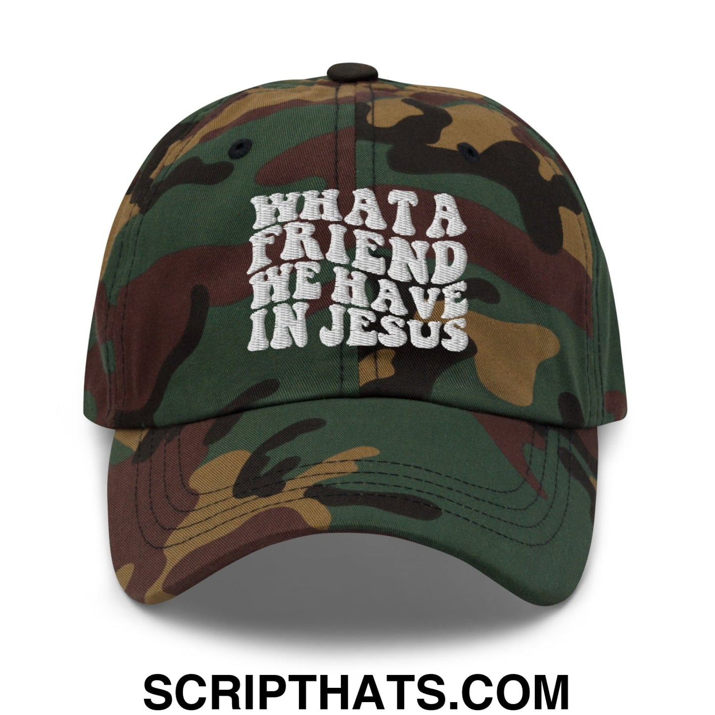 What a Friend We Have in Jesus Embroidered Unstructured Dad Hat Green Camo