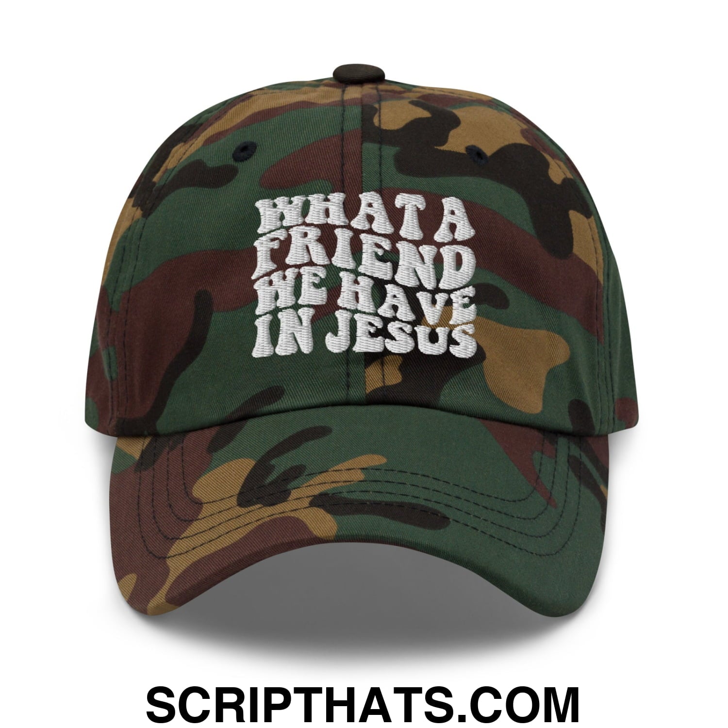 What a Friend We Have in Jesus Embroidered Unstructured Dad Hat Green Camo