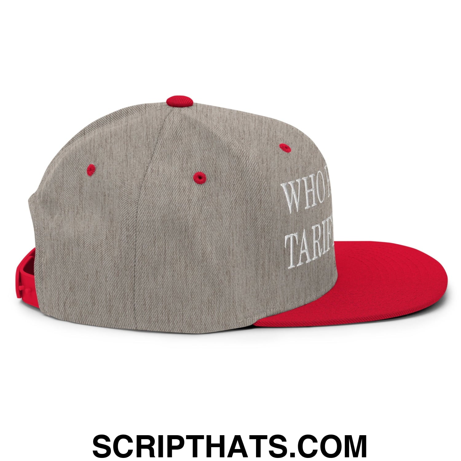 Who Pays The Tariffs Now? Embroidered Flat Bill Brim Snapback Hat Heather Grey Red