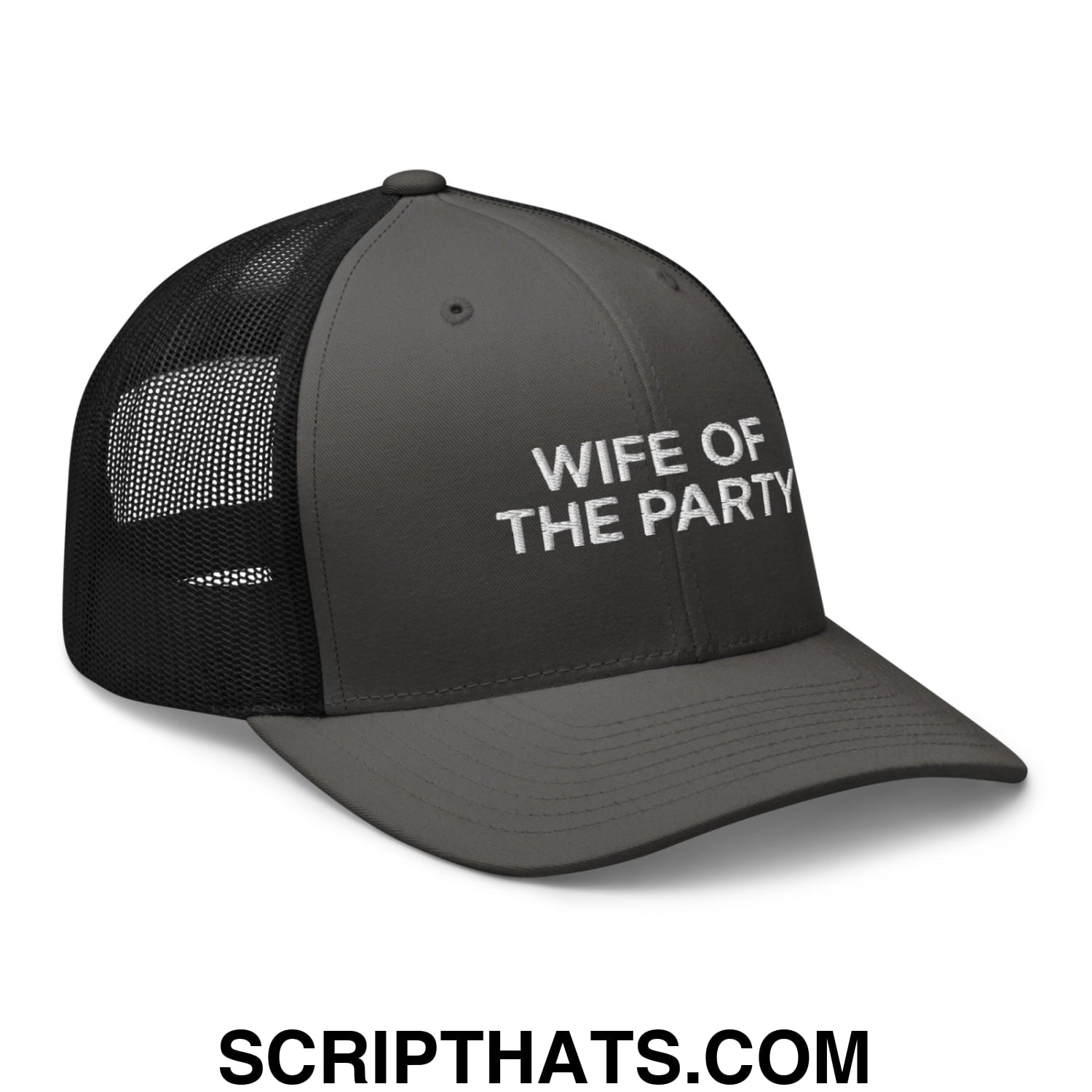 Wife of the Party Embroidered Mesh Trucker Hat Charcoal Black