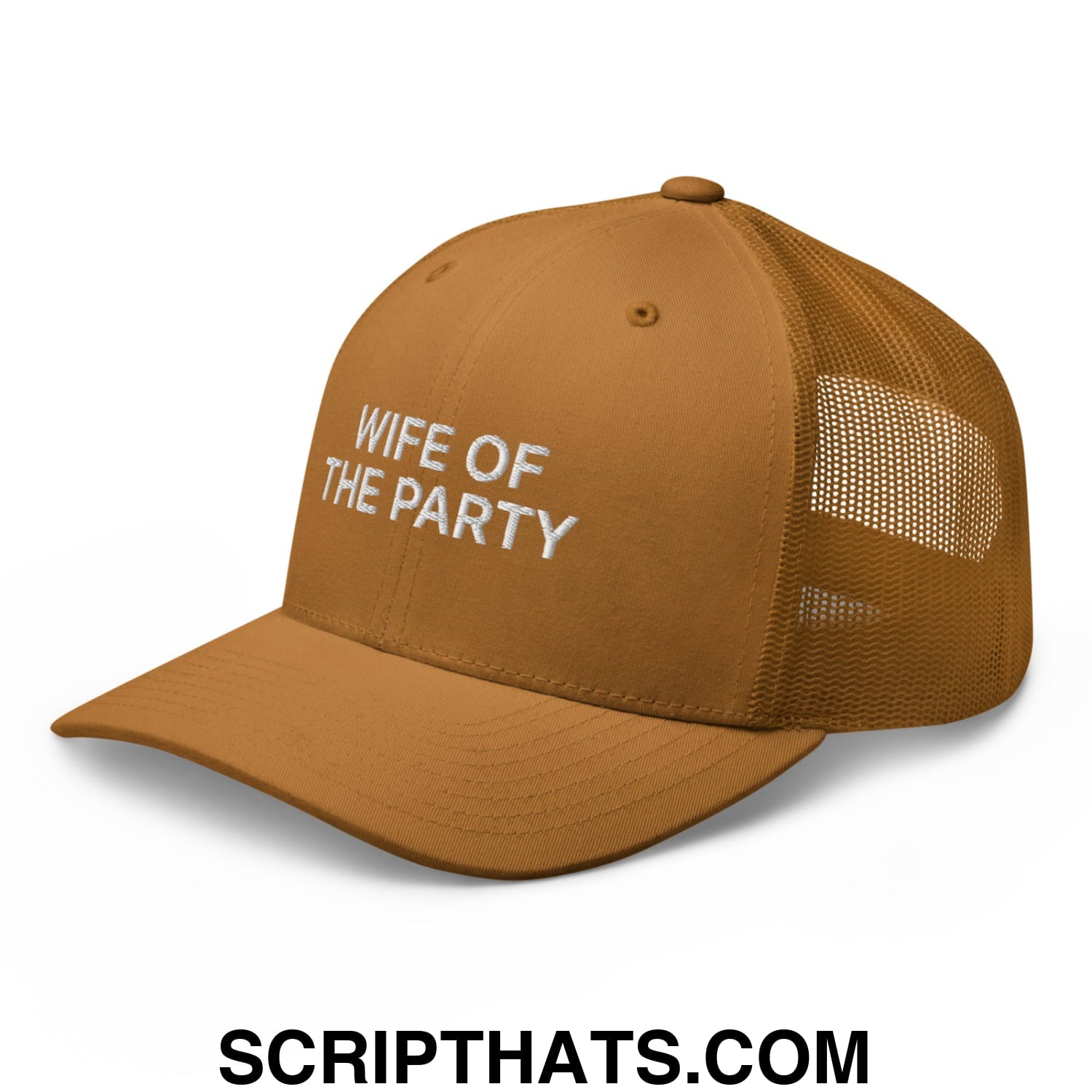 Wife of the Party Embroidered Mesh Trucker Hat Caramel