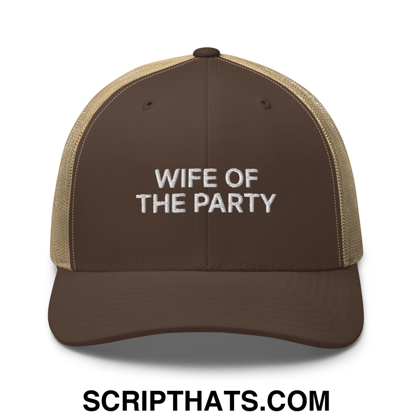 Wife of the Party Embroidered Mesh Trucker Hat Brown Khaki
