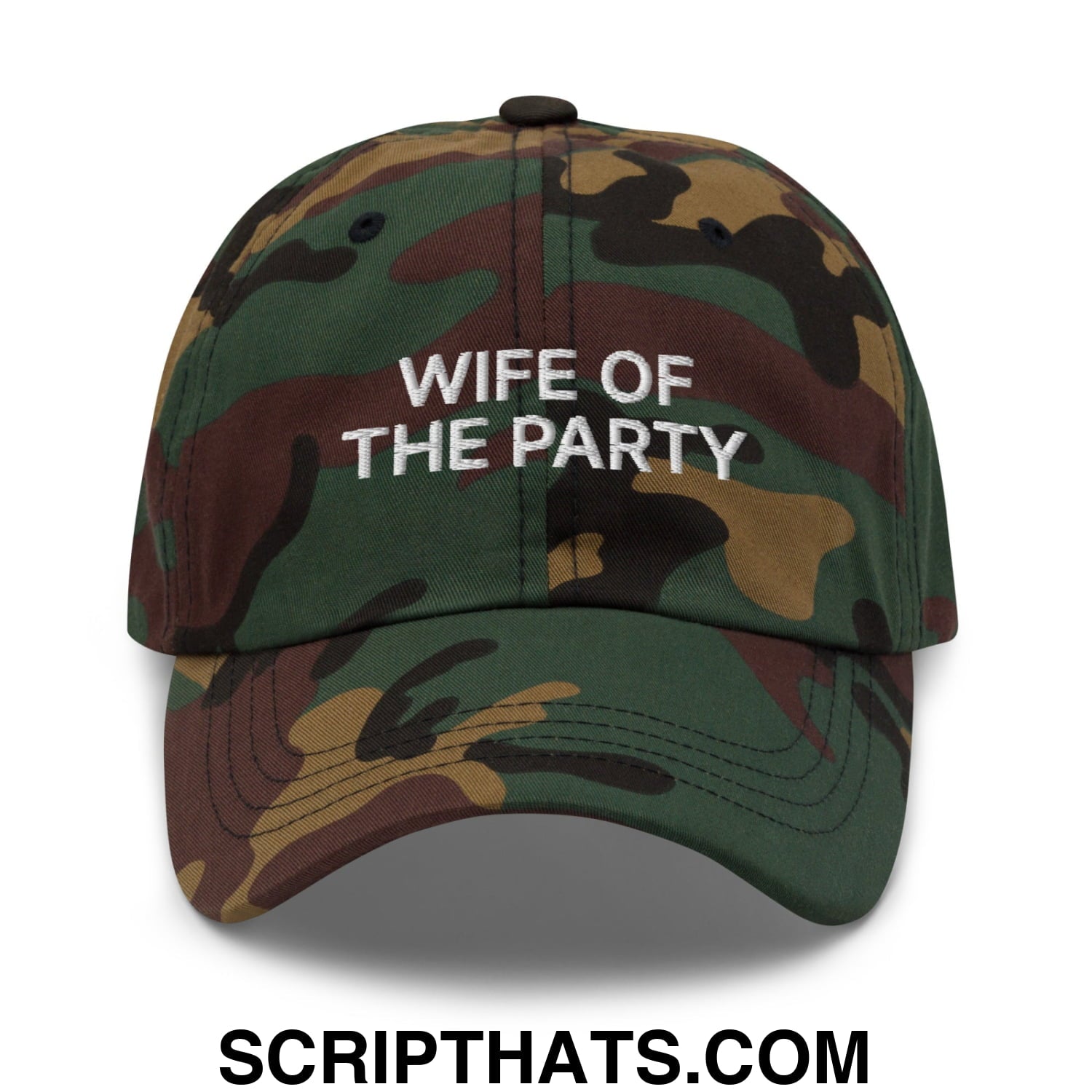 Wife of the Party Embroidered Unstructured Dad Hat Green Camo