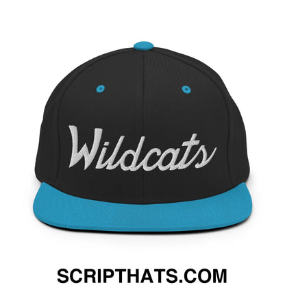 Wildcats School Mascot Script Snapback Hat Black Teal
