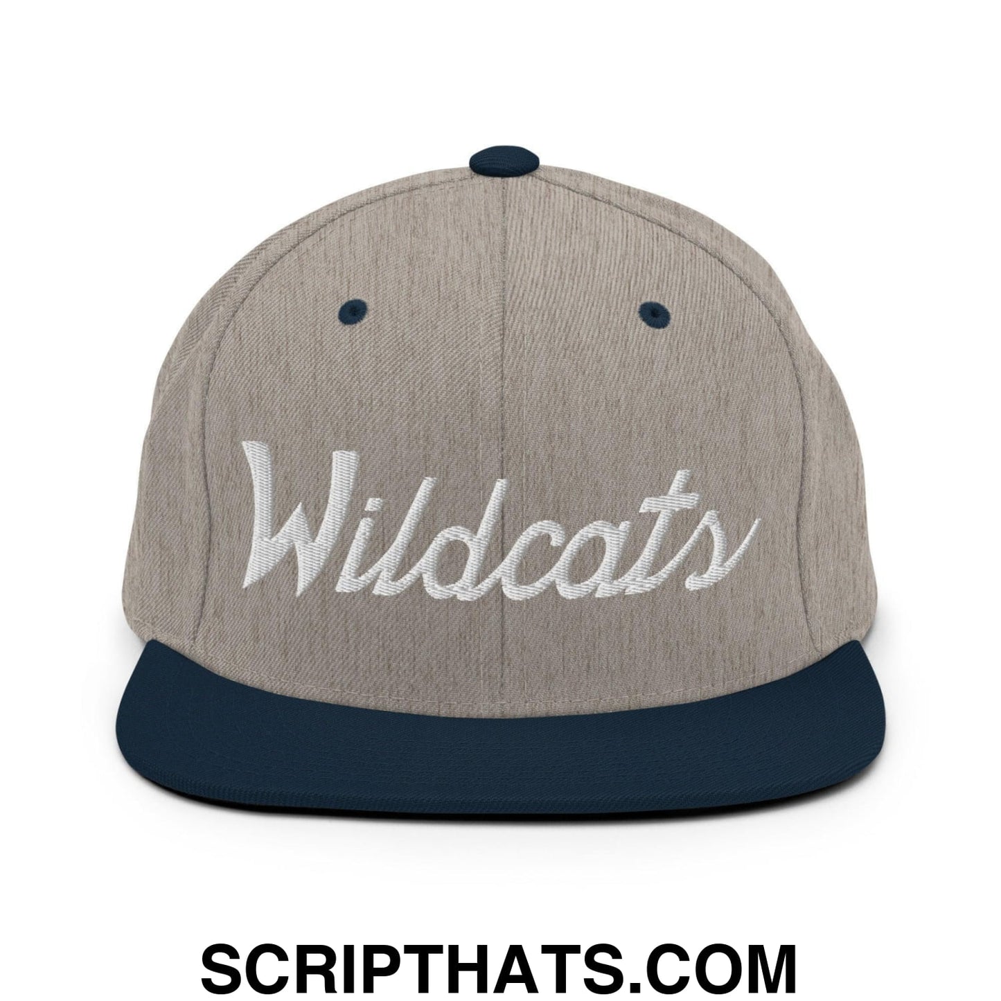 Wildcats School Mascot Script Snapback Hat Heather Grey Navy