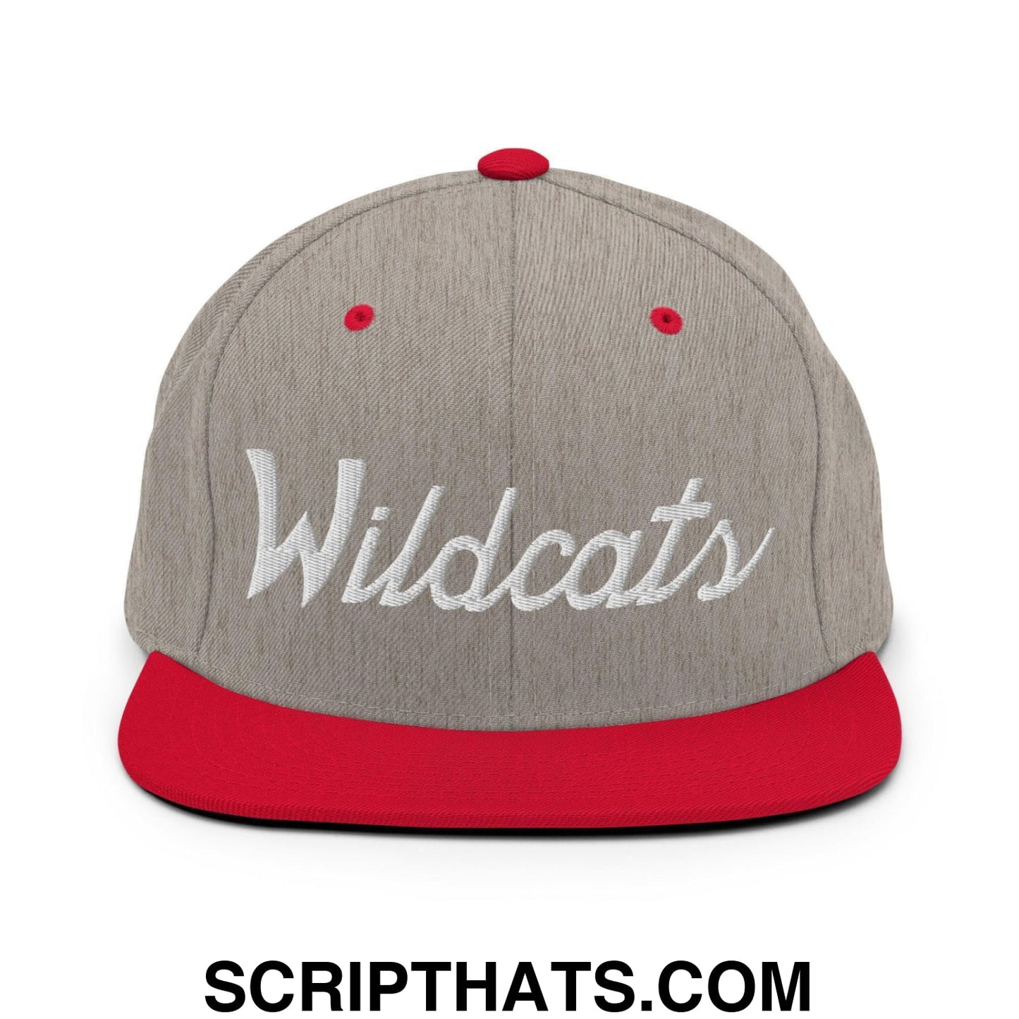 Wildcats School Mascot Script Snapback Hat Heather Grey Red