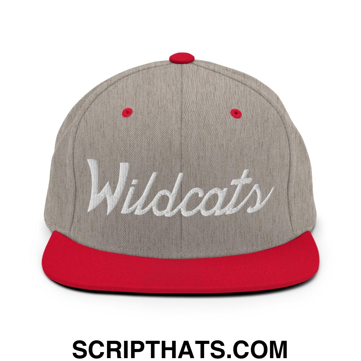 Wildcats School Mascot Script Snapback Hat Heather Grey Red