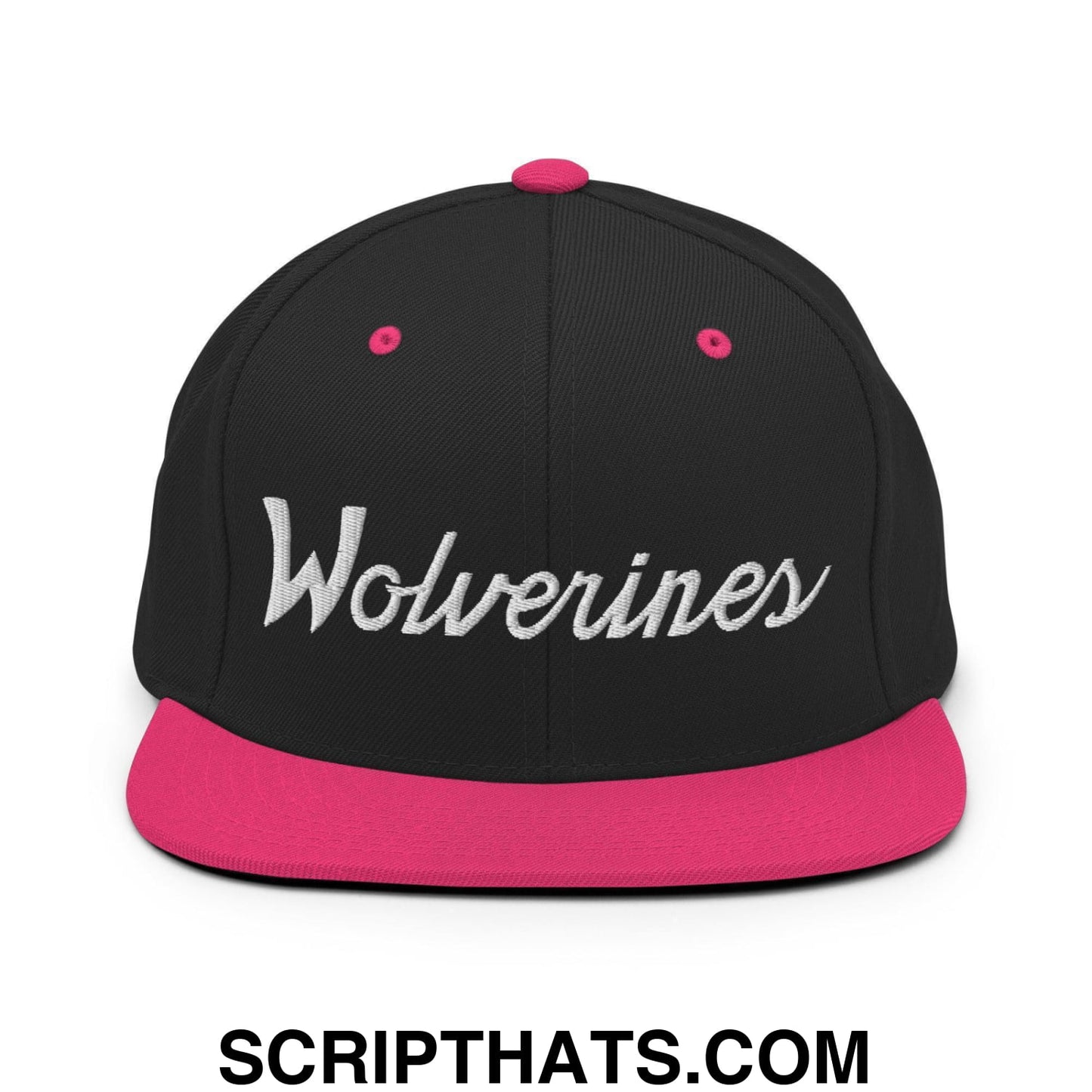 Wolverines School Mascot Script Snapback Hat Black Neon Pink