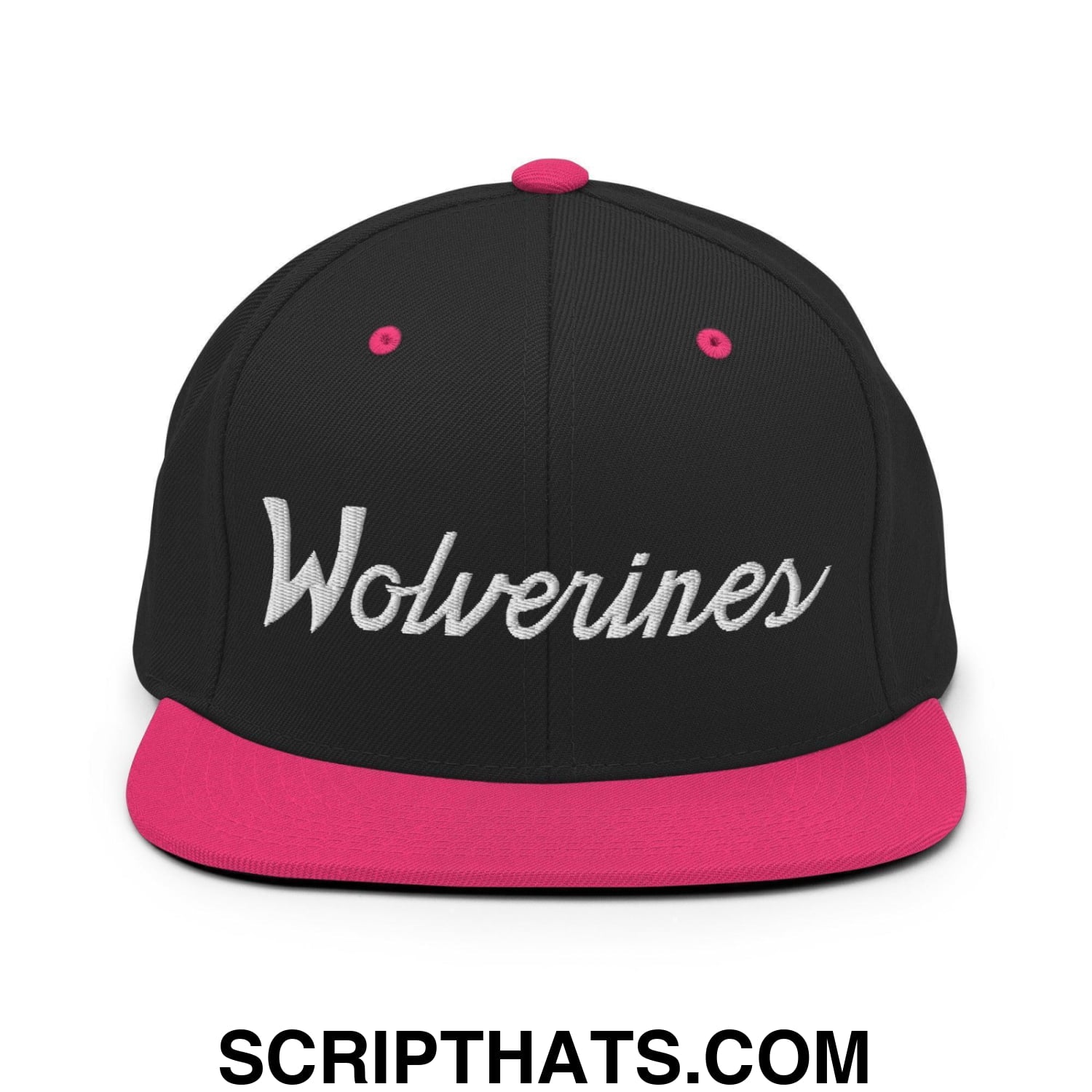 Wolverines School Mascot Script Snapback Hat Black Neon Pink