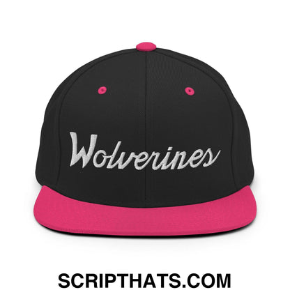 Wolverines School Mascot Script Snapback Hat Black Neon Pink