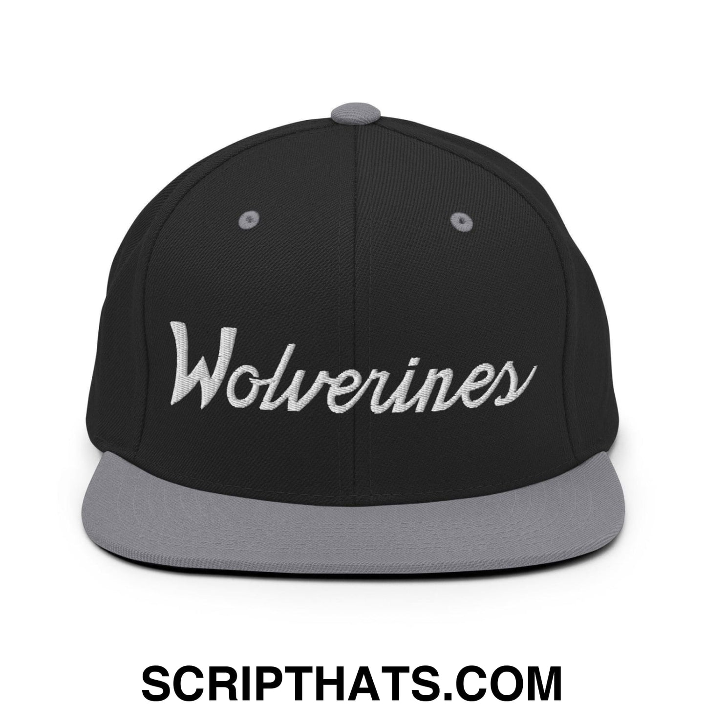 Wolverines School Mascot Script Snapback Hat Black Silver