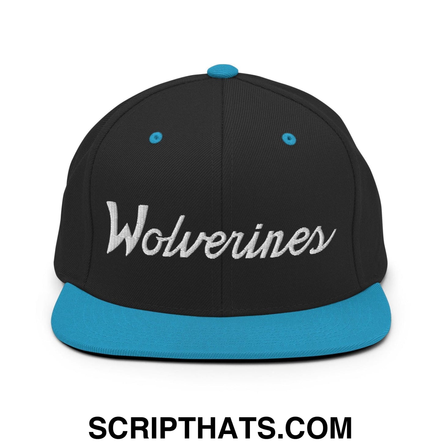 Wolverines School Mascot Script Snapback Hat Black Teal