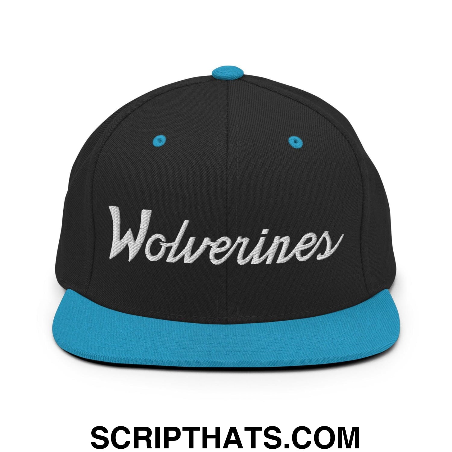 Wolverines School Mascot Script Snapback Hat Black Teal