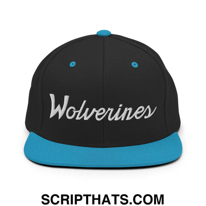 Wolverines School Mascot Script Snapback Hat Black Teal