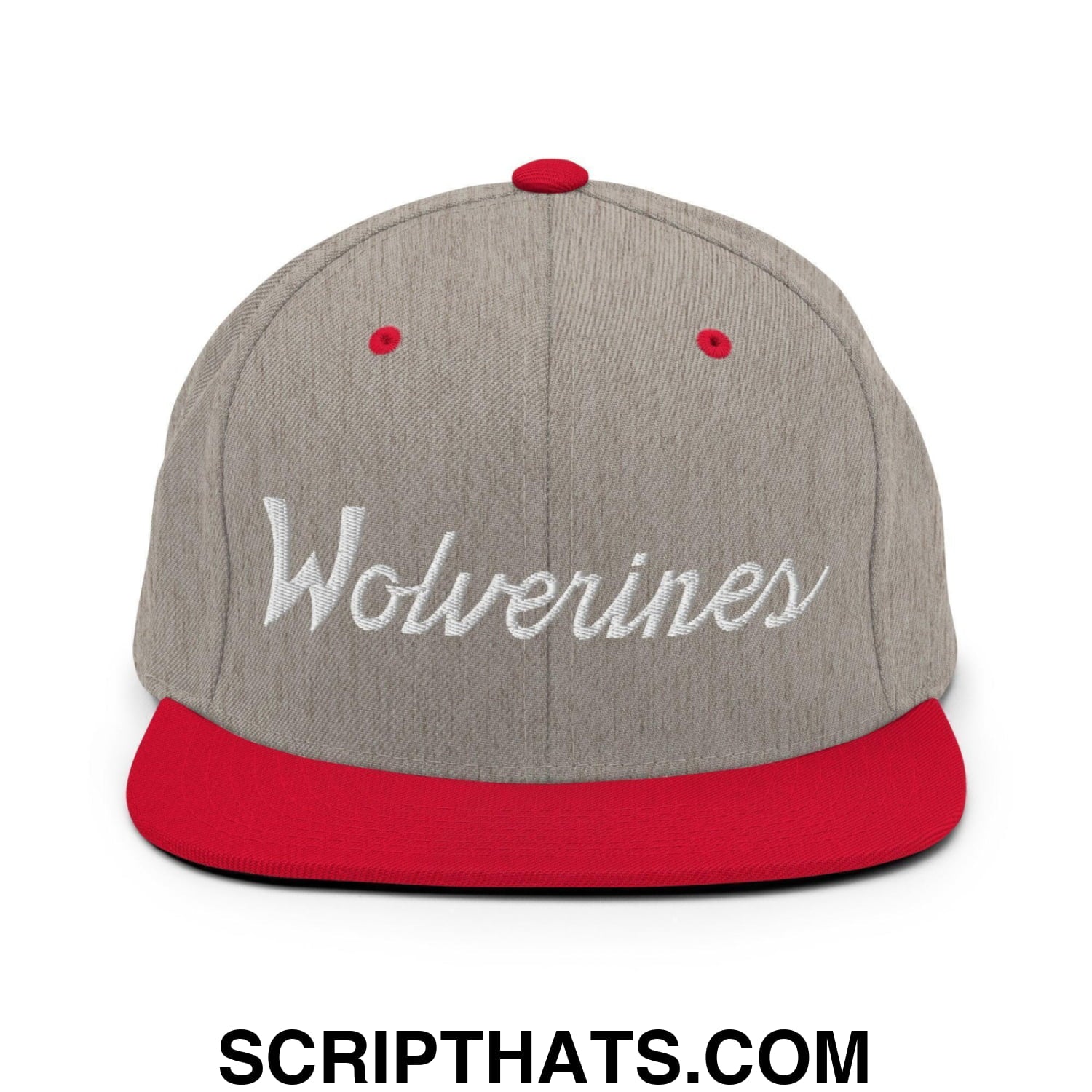 Wolverines School Mascot Script Snapback Hat Heather Grey Red