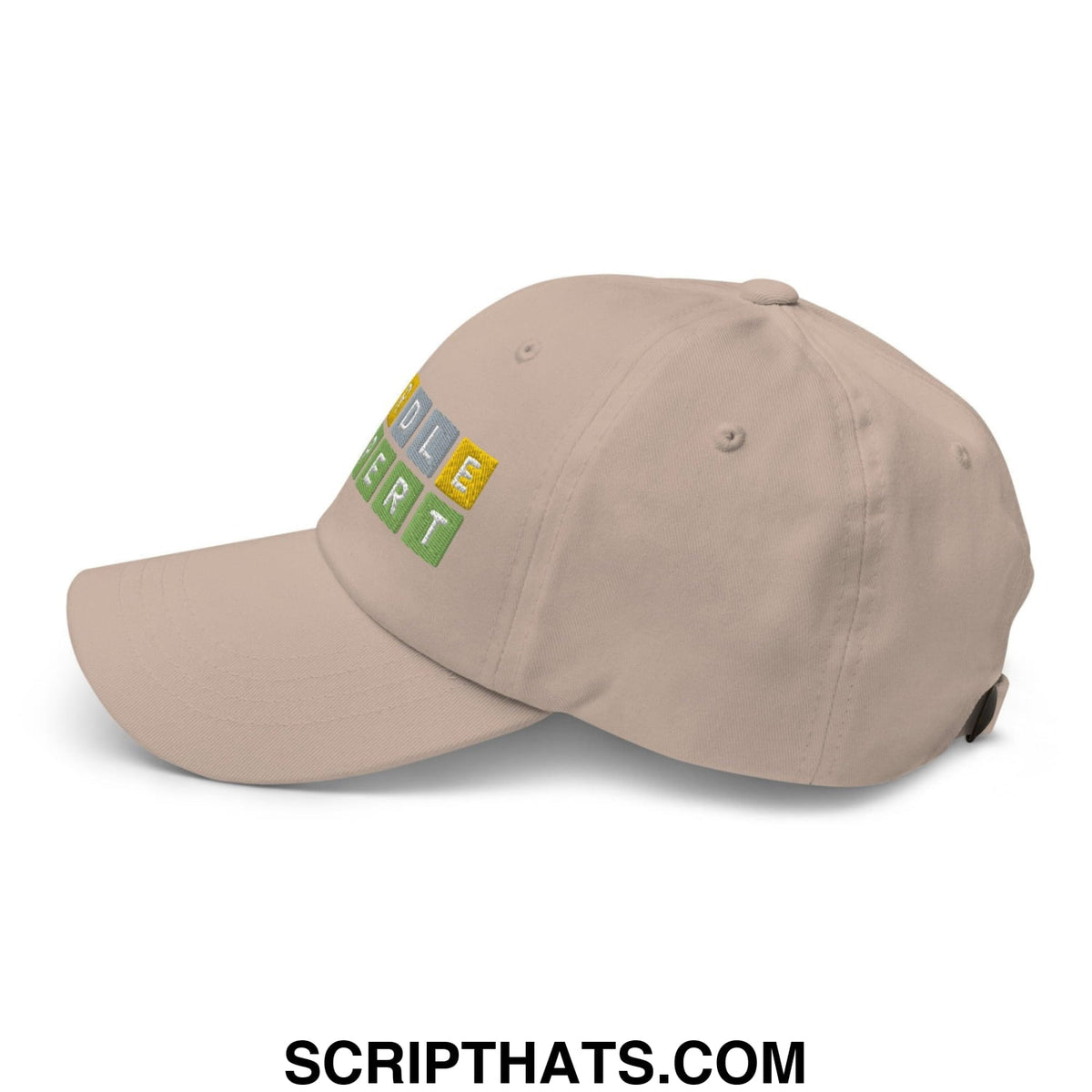 Beige cotton baseball cap with colorful embroidered dle frt lettering in block style for wordle expert dad hat