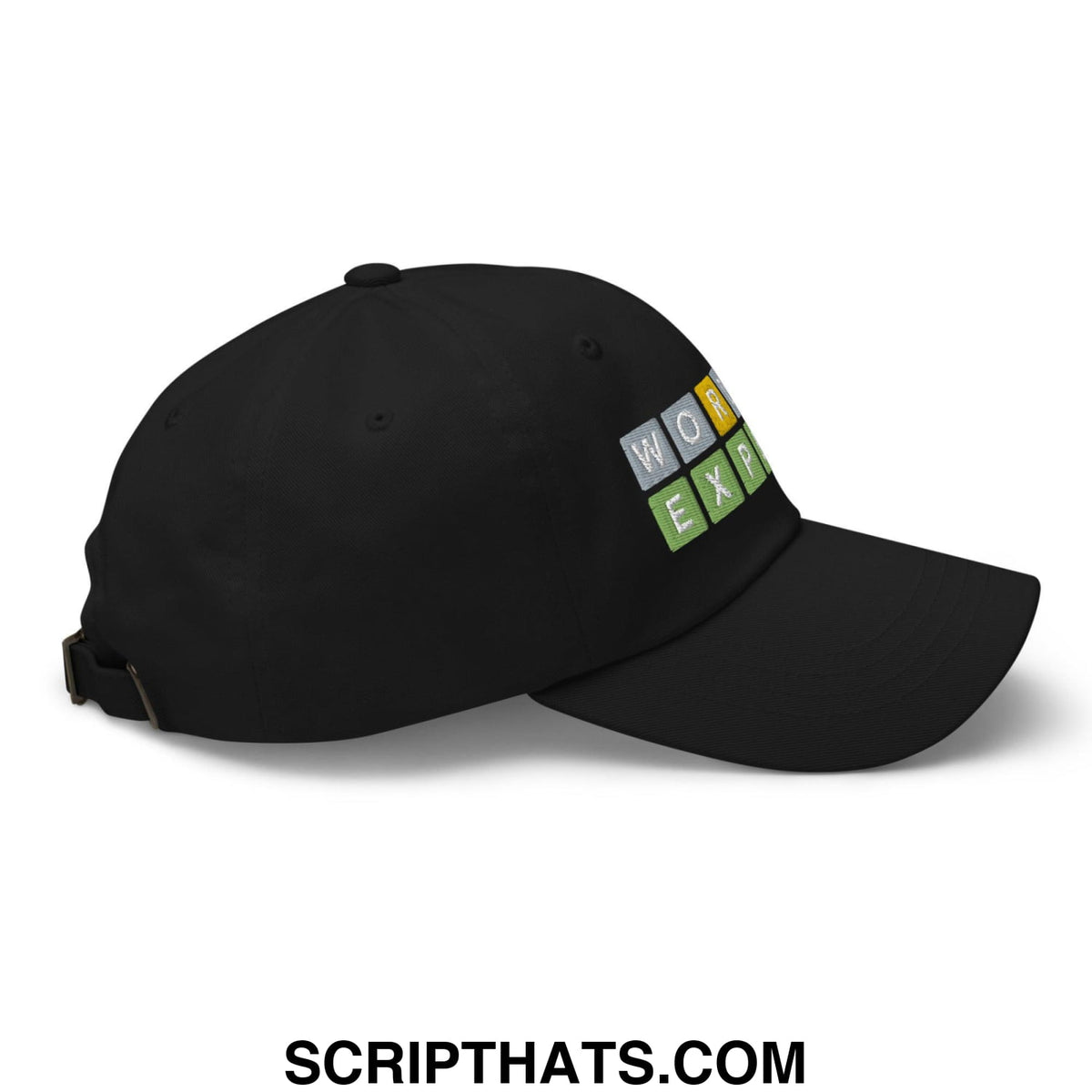 Black Wordle expert dad hat with colorful embroidered work expo patch in gray yellow and green squares