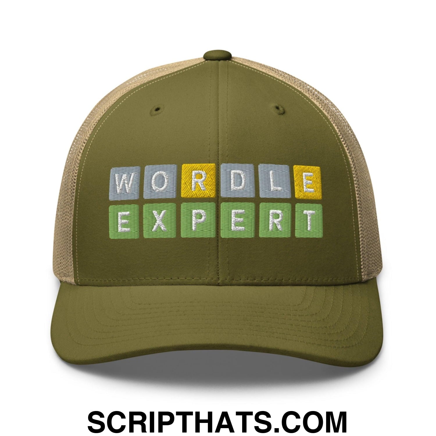 Wordle Expert Retro Trucker Hat Moss Khaki
