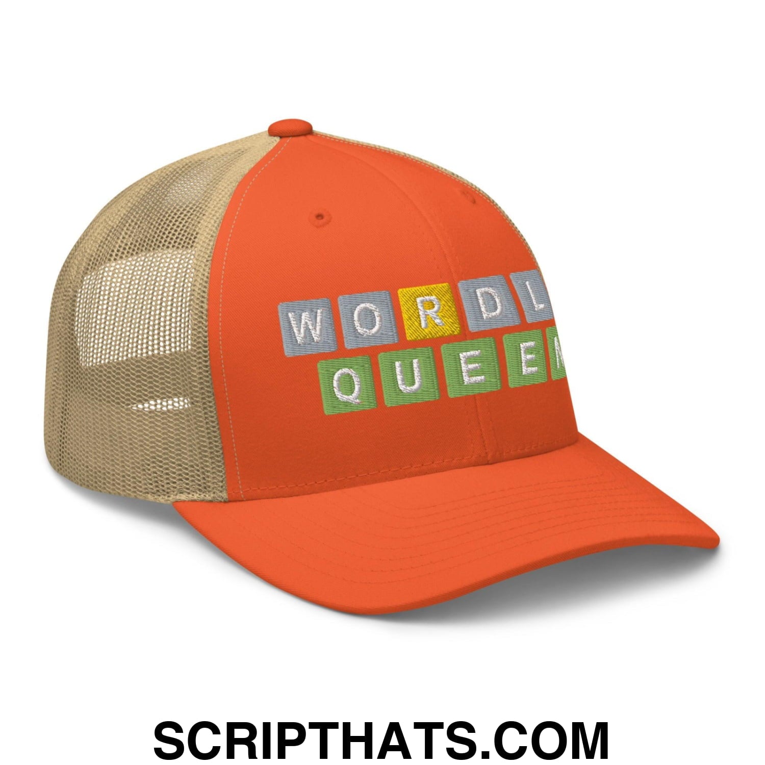 Wordle Queen Retro Trucker Hat Rustic Orange Khaki