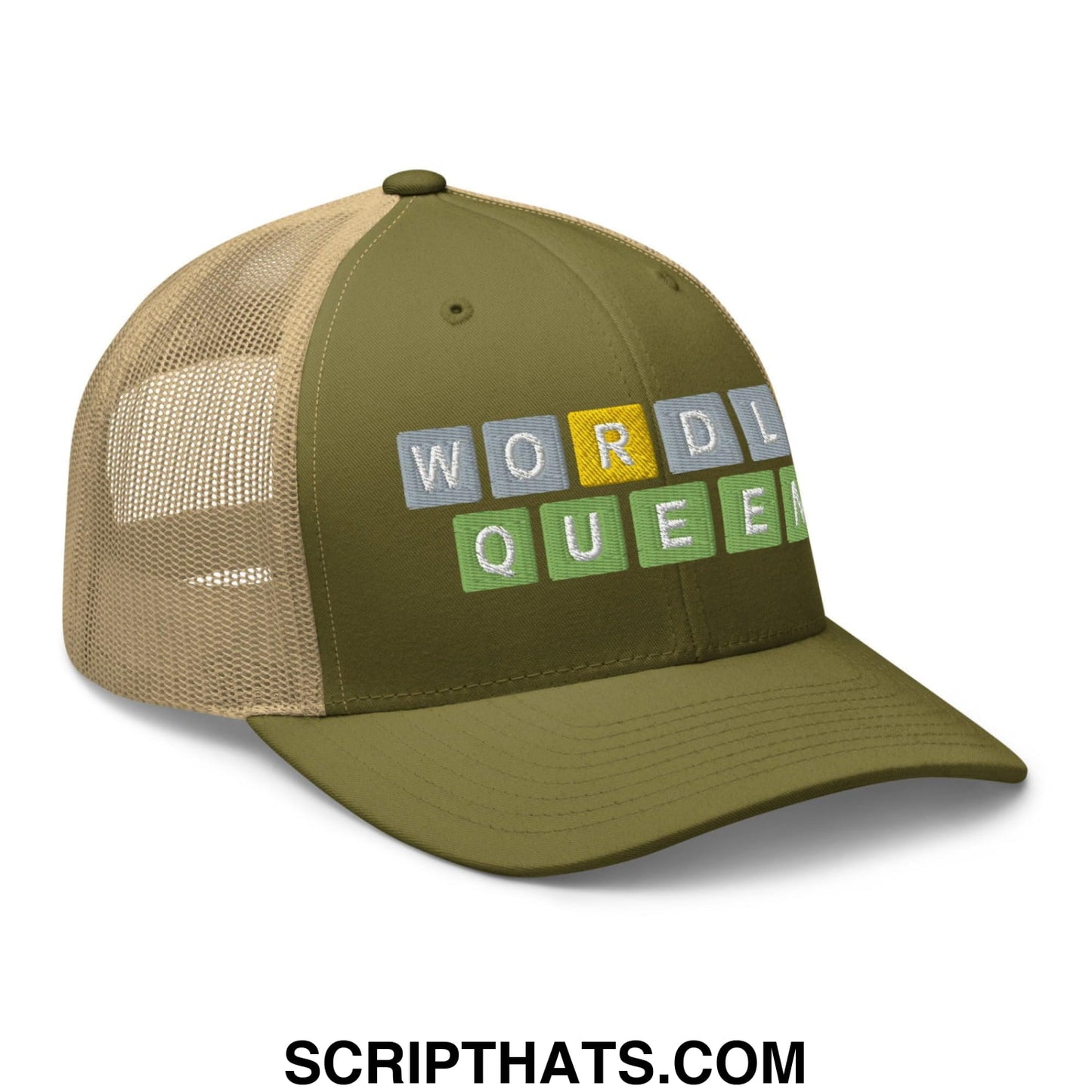 Wordle Queen Retro Trucker Hat Moss Khaki