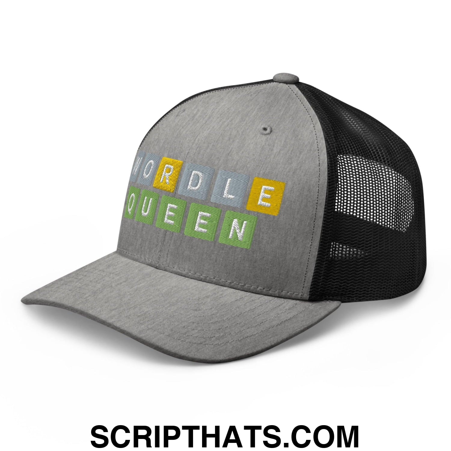 Wordle Queen Retro Trucker Hat Heather Black