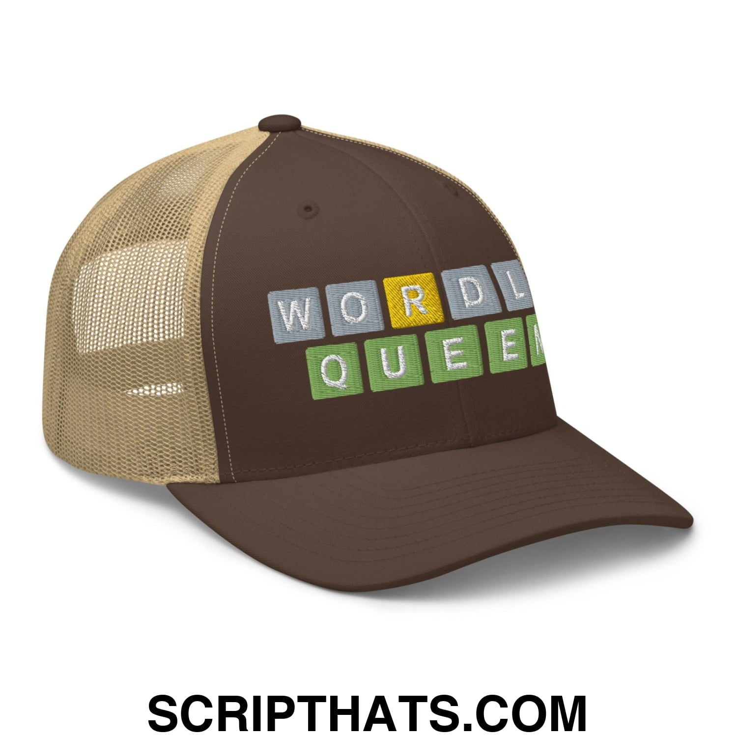 Wordle Queen Retro Trucker Hat Brown Khaki
