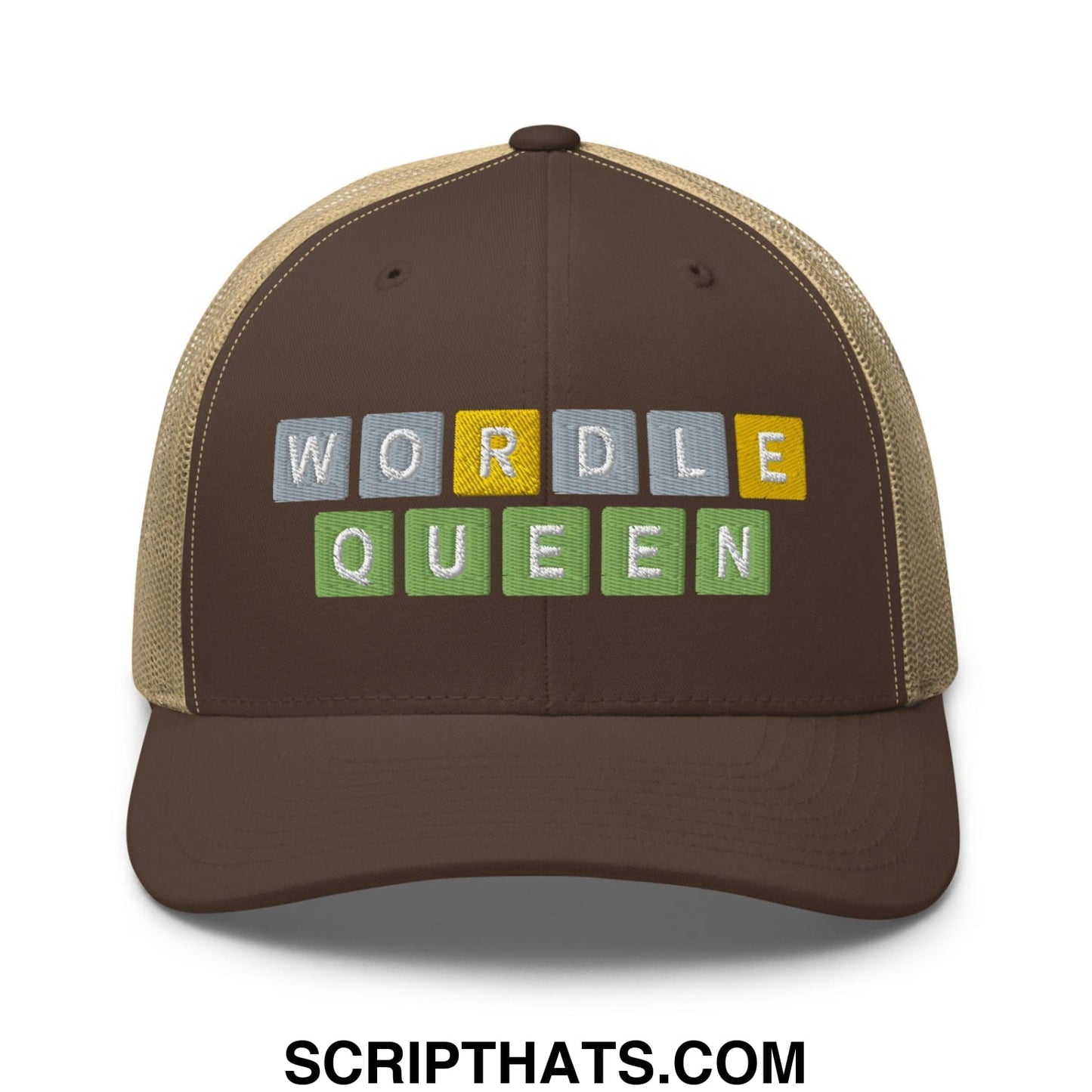 Wordle Queen Retro Trucker Hat Brown Khaki