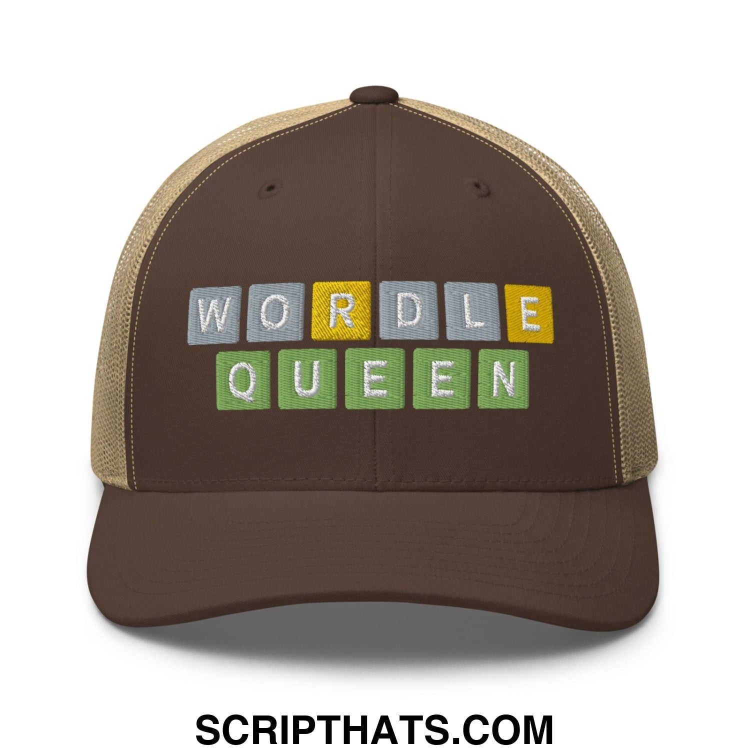 Wordle Queen Retro Trucker Hat Brown Khaki