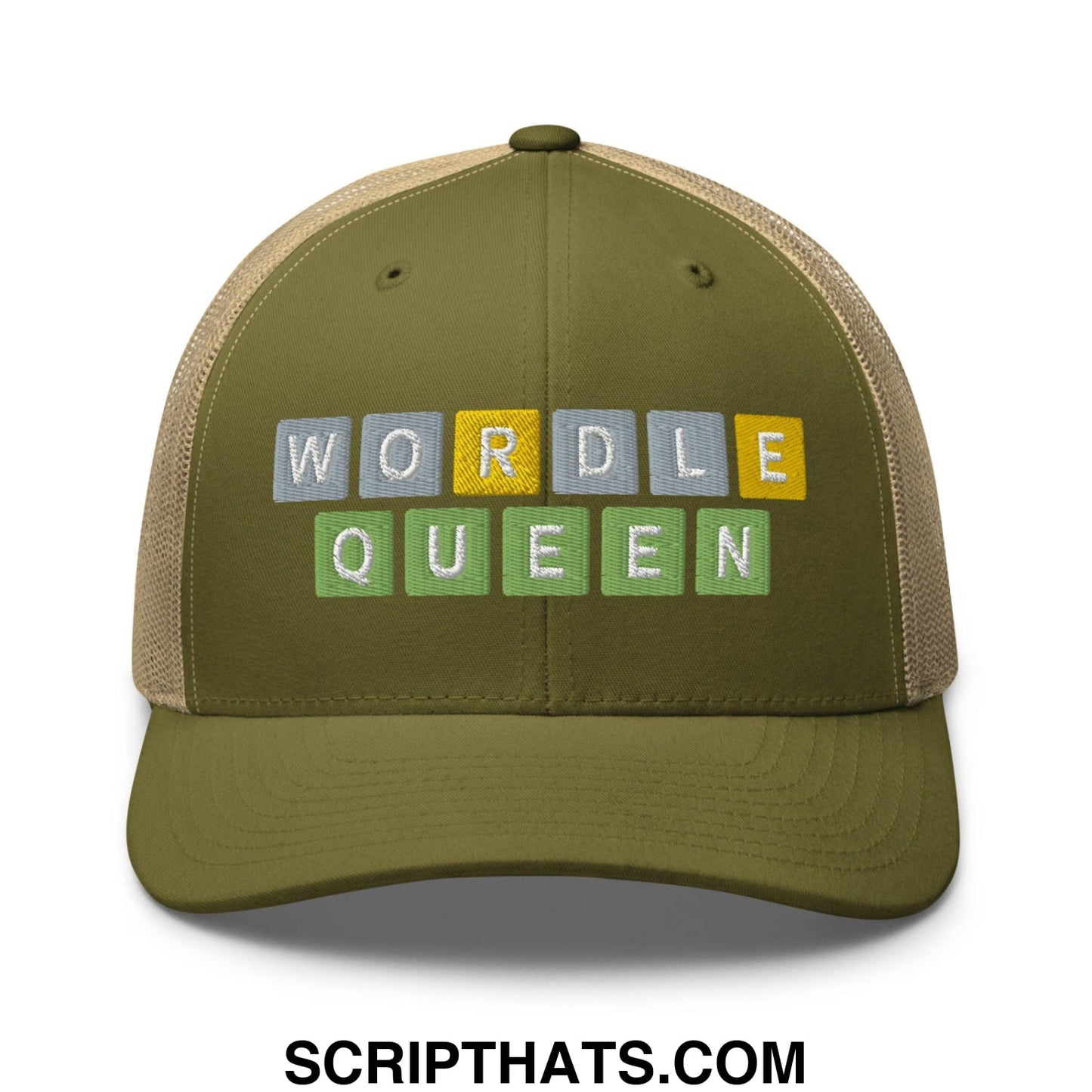 Wordle Queen Retro Trucker Hat Moss Khaki