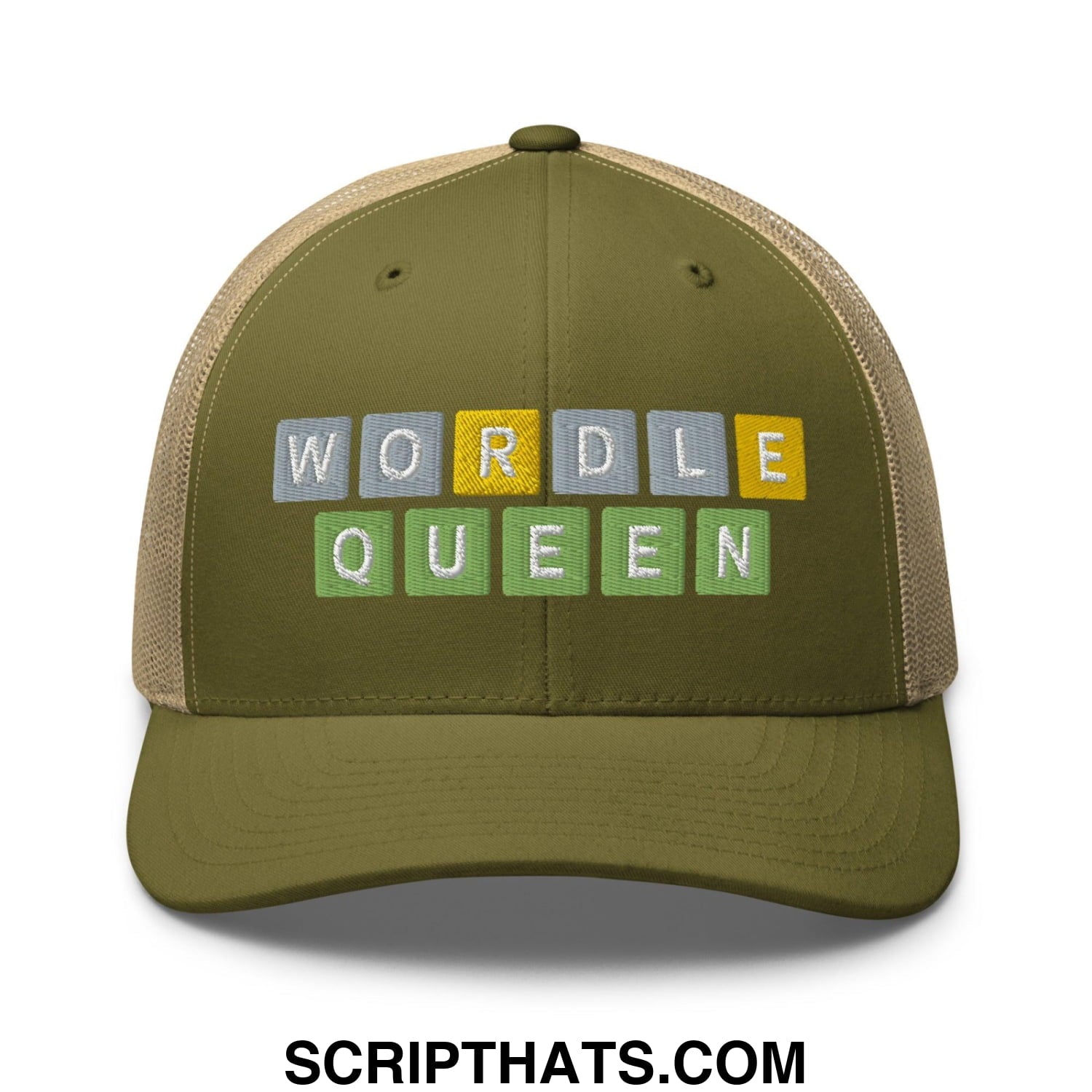 Wordle Queen Retro Trucker Hat Moss Khaki