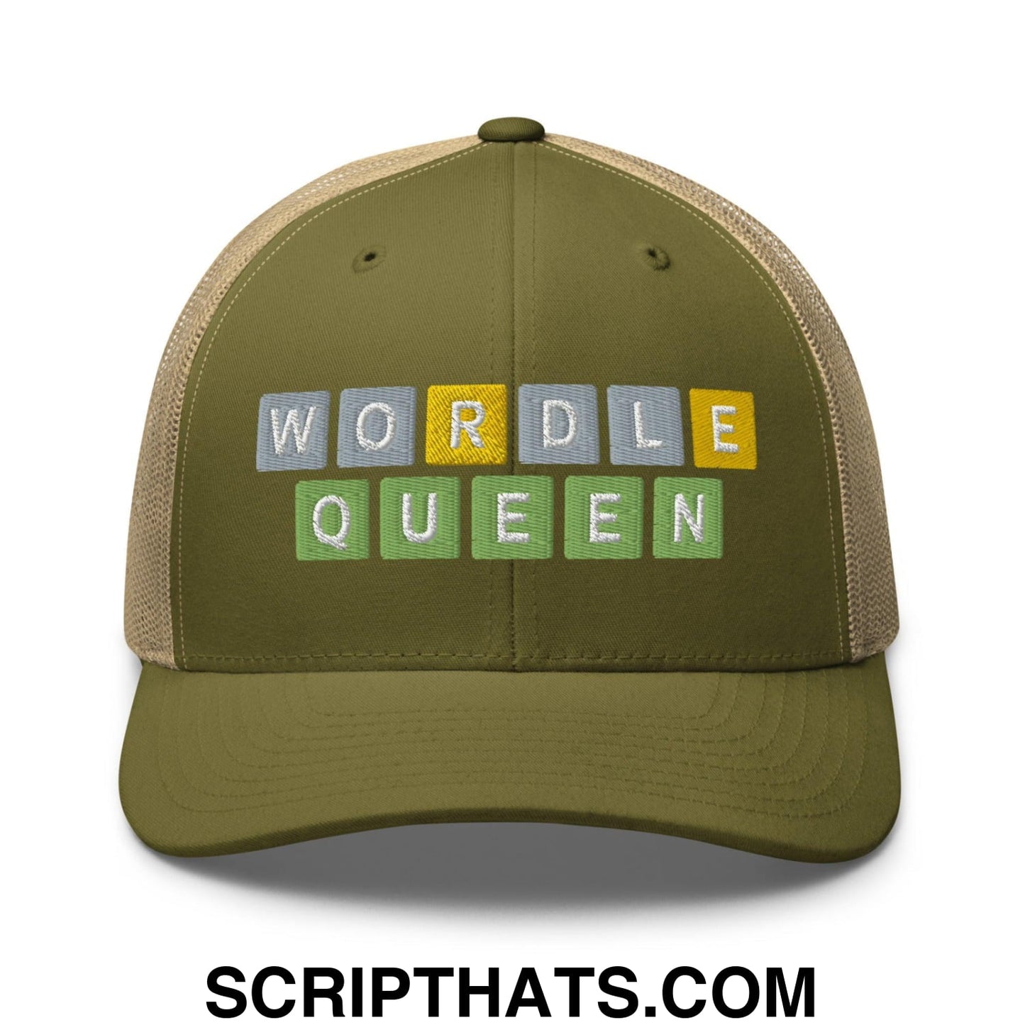 Wordle Queen Retro Trucker Hat Moss Khaki