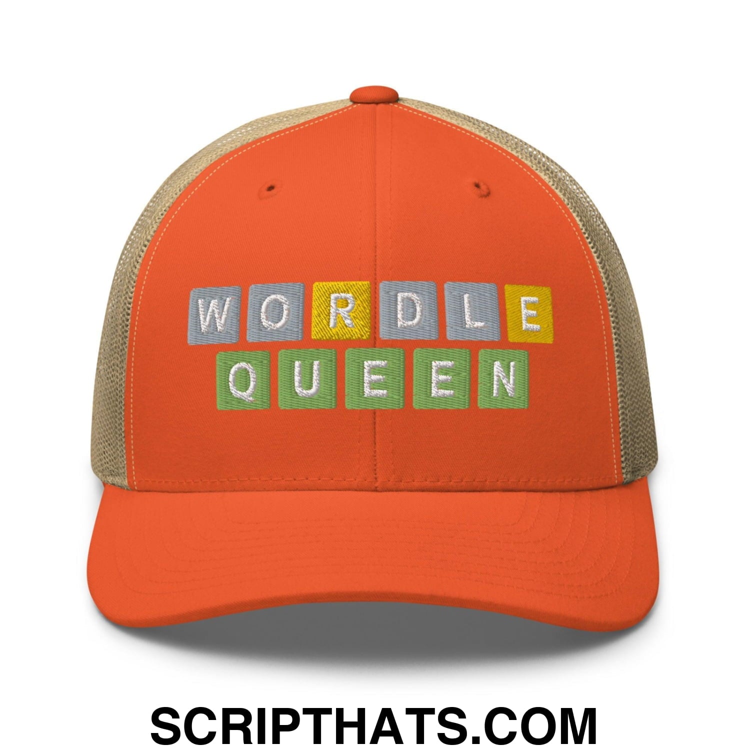 Wordle Queen Retro Trucker Hat Rustic Orange Khaki