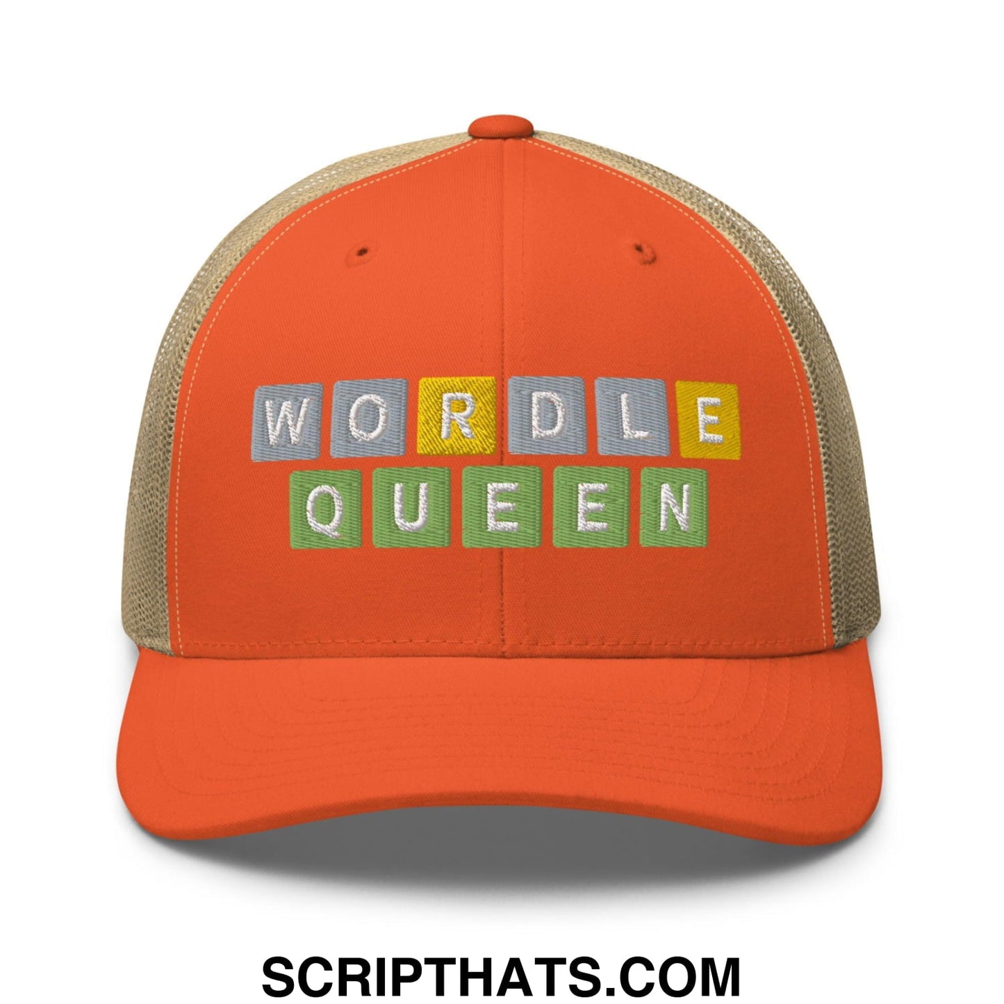 Wordle Queen Retro Trucker Hat Rustic Orange Khaki