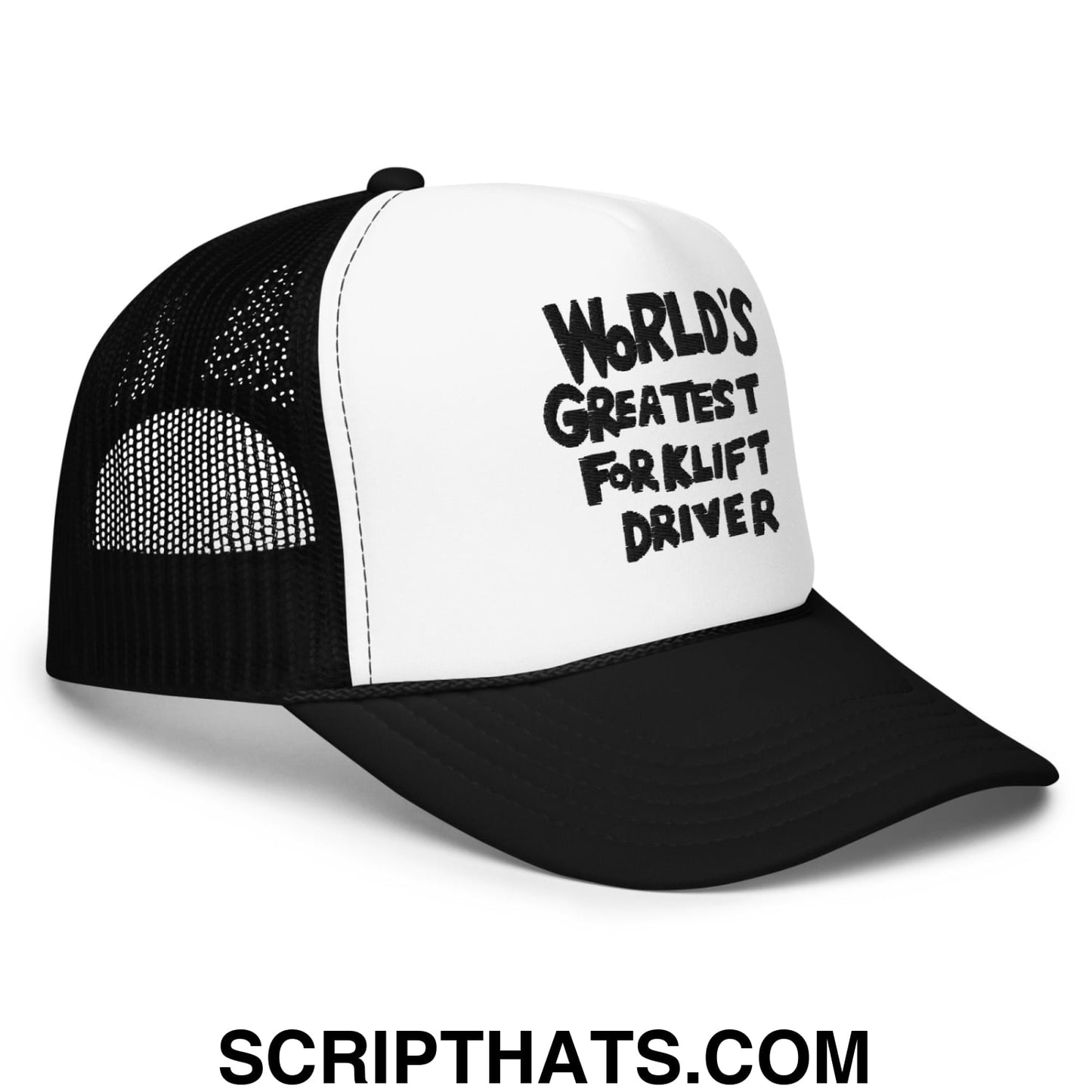 World's Greatest Forklift Driver Regular Show Embroidered Foam Trucker Hat Black White Black