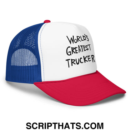 World's Greatest Trucker Regular Show Embroidered Foam Trucker Hat White Royal Red