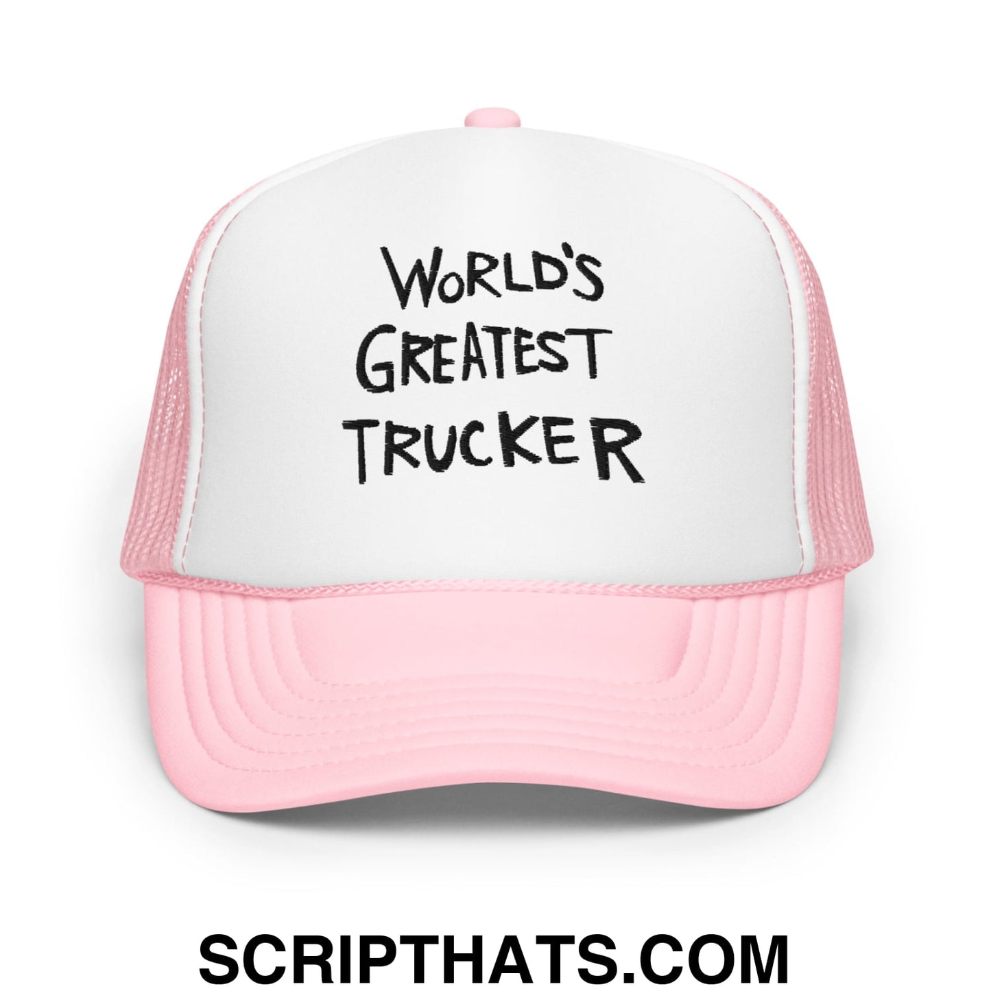 World's Greatest Trucker Regular Show Embroidered Foam Trucker Hat Light Pink White Light Pink