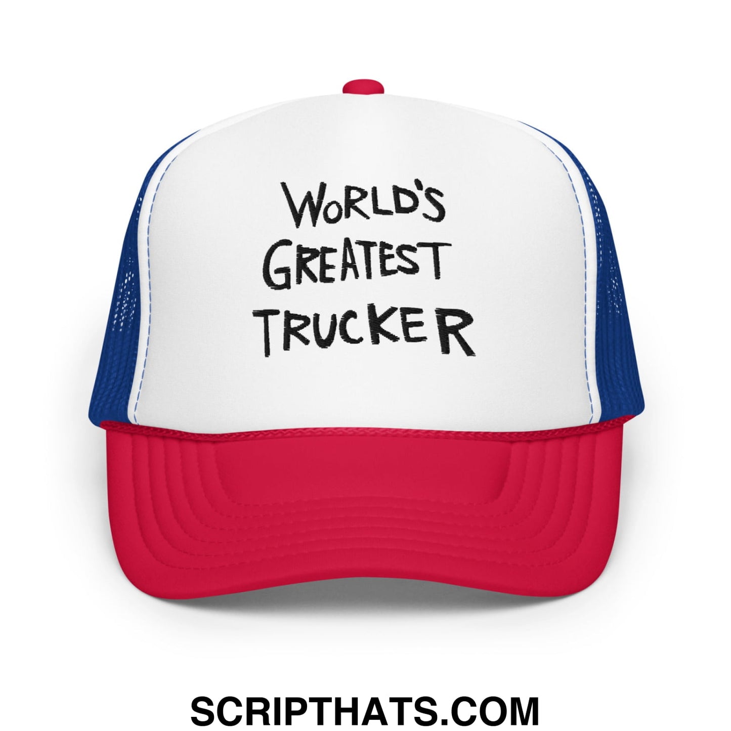 World's Greatest Trucker Regular Show Embroidered Foam Trucker Hat White Royal Red