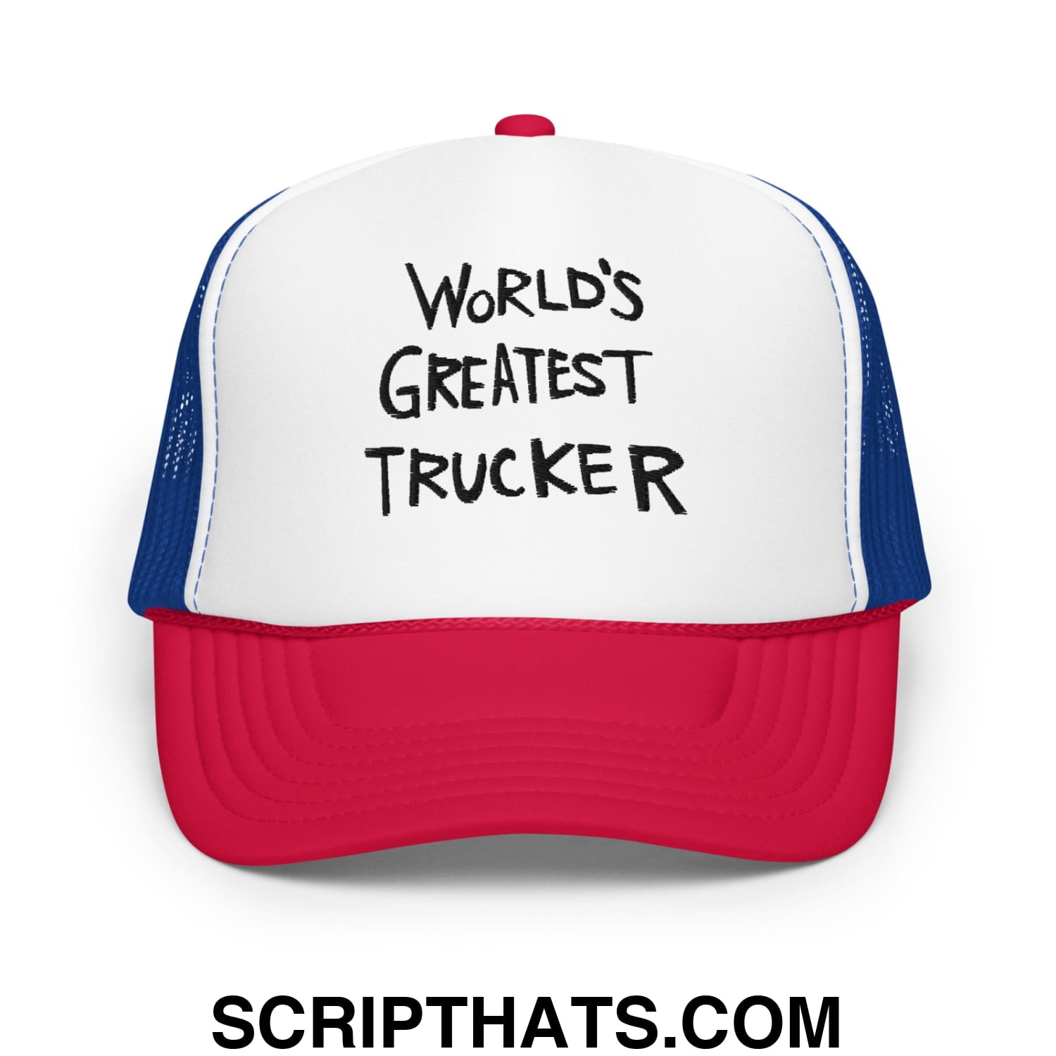 World's Greatest Trucker Regular Show Embroidered Foam Trucker Hat White Royal Red