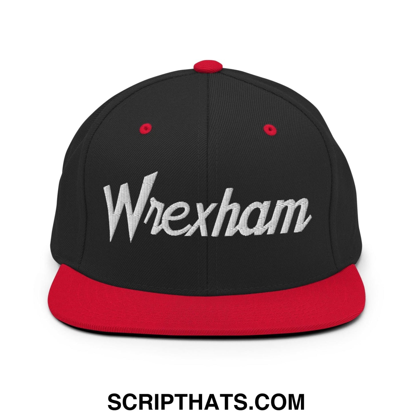 Black and red Wrexham vintage snapback hat with white embroidered script and flat bill brim