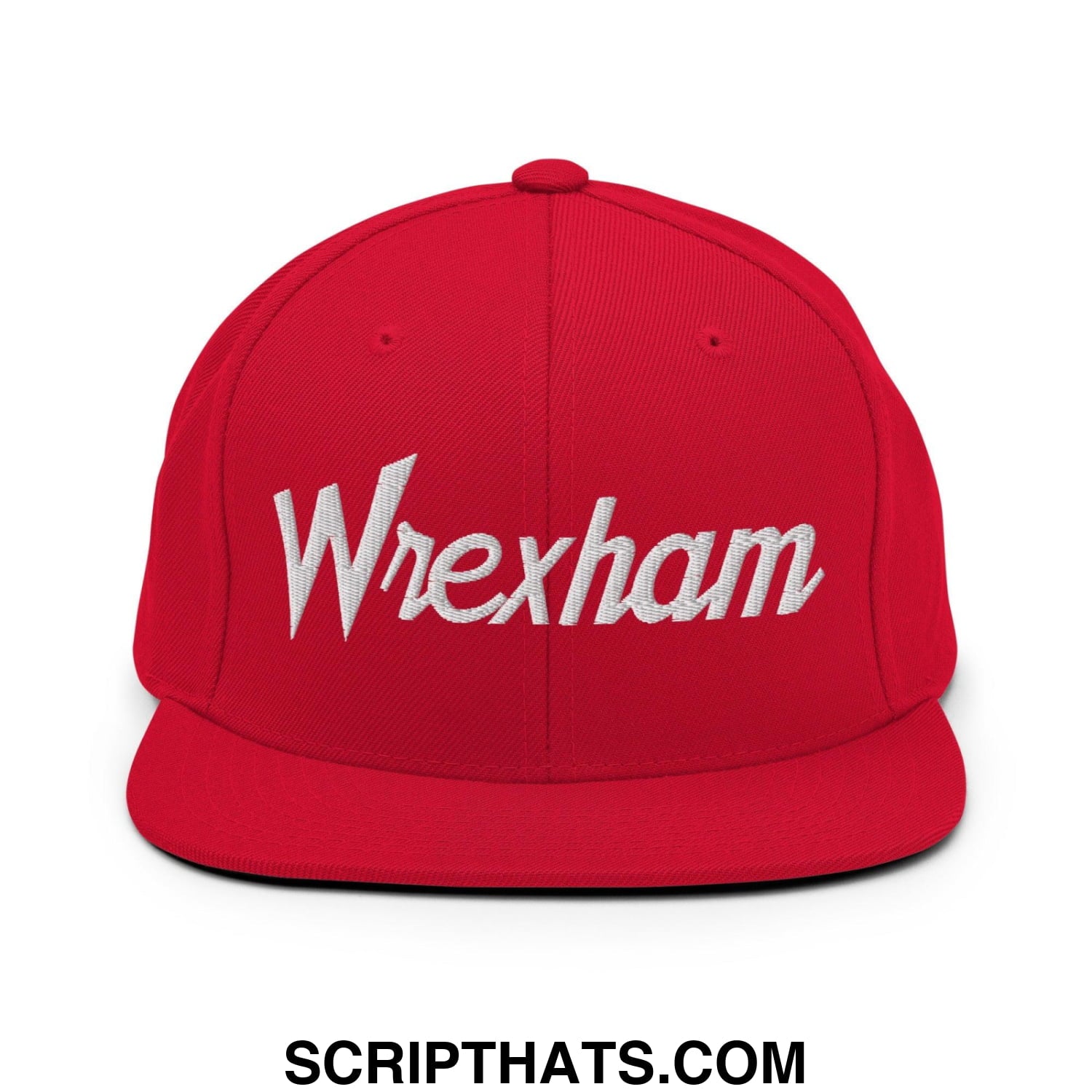 Red snapback cap with white embroidered wrexham script front vintage sports style bill brim hat