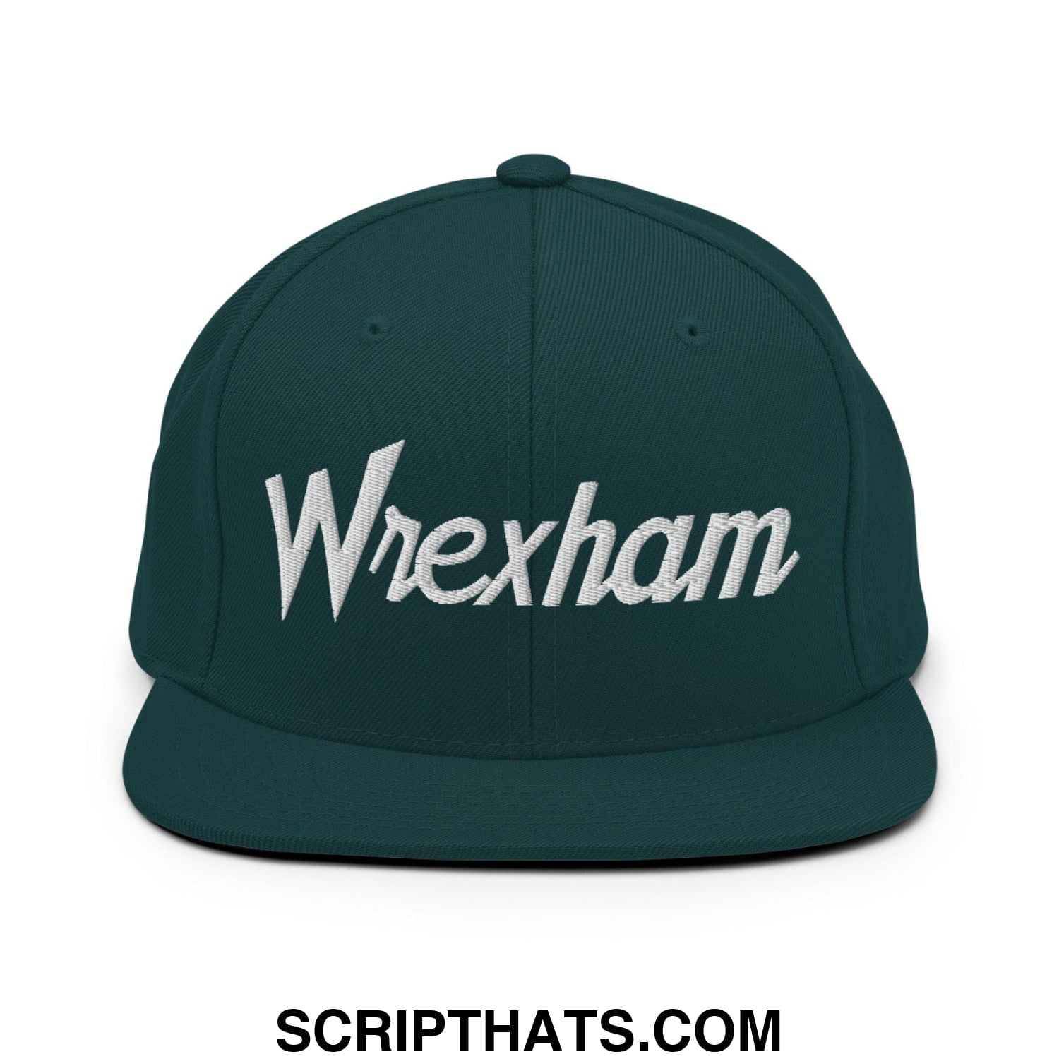 Dark green snapback cap with white embroidered wrexham vintage sports script on the front bill brim