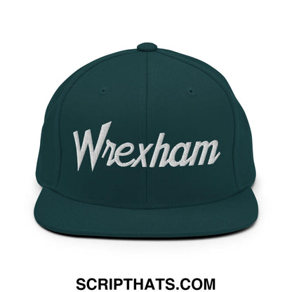 Dark green snapback cap with white embroidered wrexham vintage sports script on the front bill brim