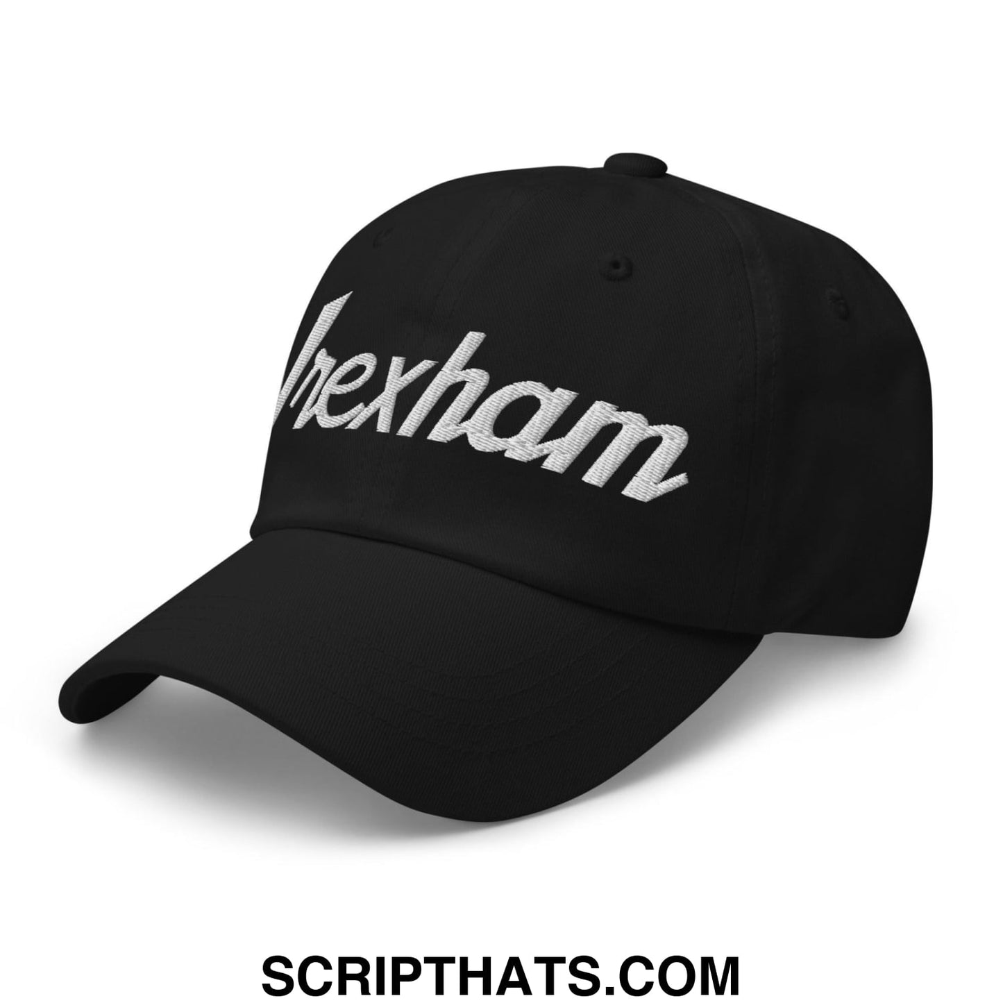 Black Wrexham vintage sports script dad hat with white embroidered hre xham logo on front panel