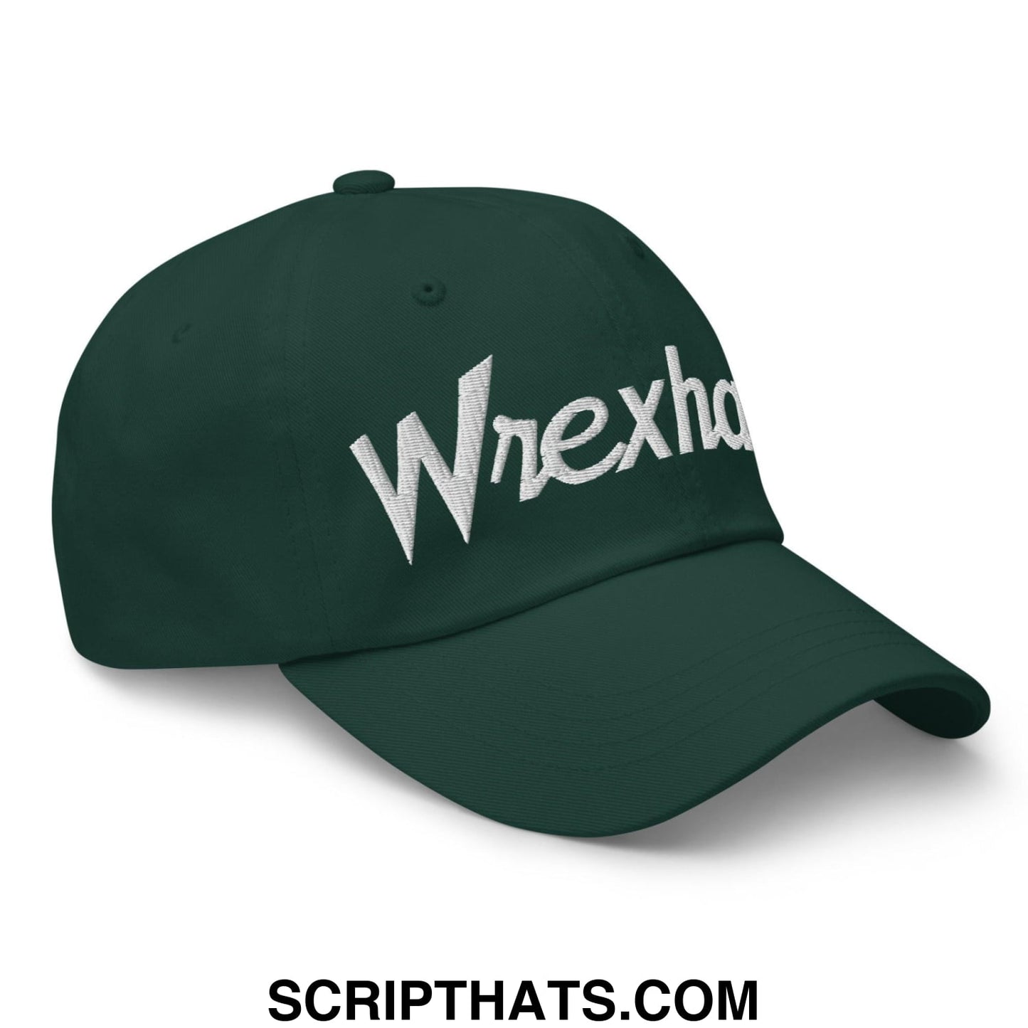 Dark green wrexham vintage sports script dad hat with white embroidered wrexha logo for casual wear