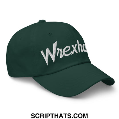 Dark green wrexham vintage sports script dad hat with white embroidered wrexha logo for casual wear
