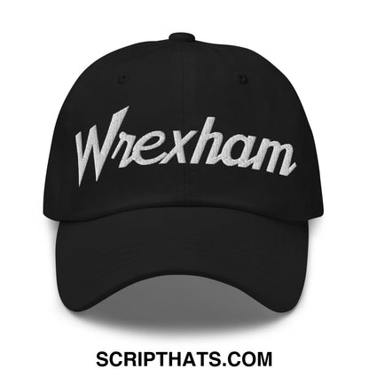Black cotton dad hat featuring white embroidered wrexham vintage sports script across the front panel