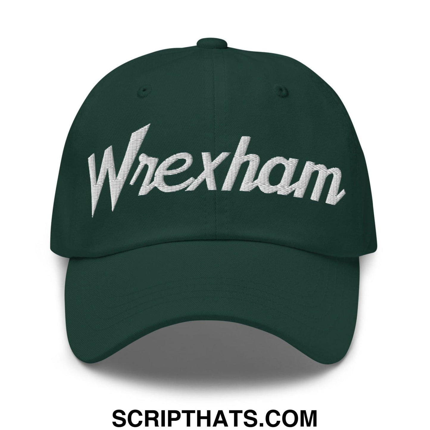 Dark green cotton wrexham vintage sports script dad hat with white embroidered branding on the front